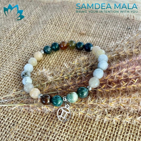 Gemini Zodiac Bracelet – Indian Agate & White Agate Beads for Focus and Clarity - Gemstone for Gemini, Gemini bracelet, Zodiac Bracelet with small Gemini charm, intention bracelets, energy crystals bracelets, bracelets with crystals, custom mala bracelet, natural gemstones bracelets - Samdea Mala