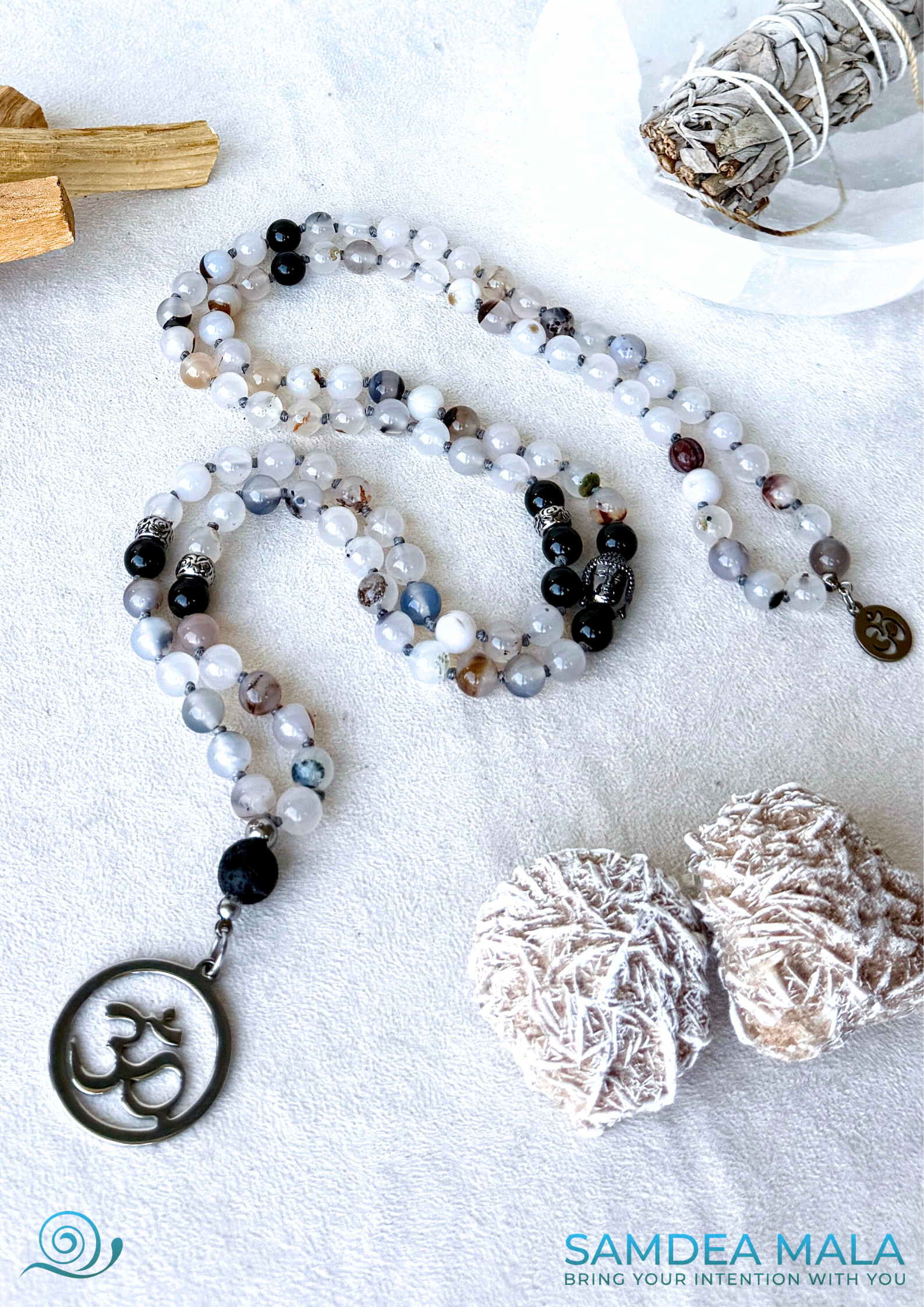 Gemini Zodiac Sign Mala by Samdea Mala. 108 bead meditation mala with Lava Stone meru bead for essential oils. OM pendant. Full view.