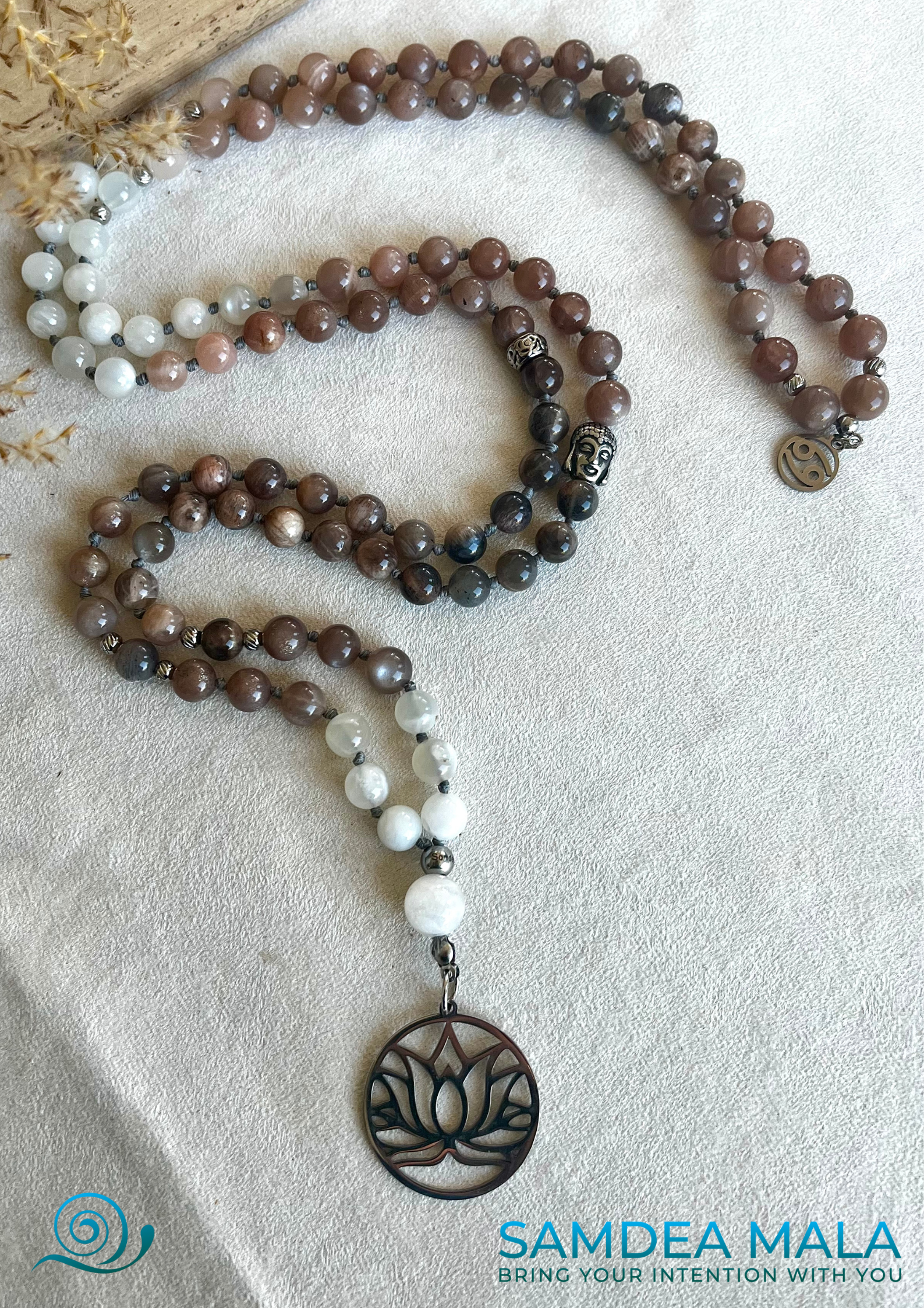 Mala Beads Necklace Handmade – Cancer Mala with Moonstone for Emotional Balance and Intuition - meditation bracelet, intention bracelets, custom mala, tibetan wrist mala, energy crystals bracelets, spiritual mala, bracelets with crystals, custom mala bracelet, natural gemstones bracelets - Samdea Mala