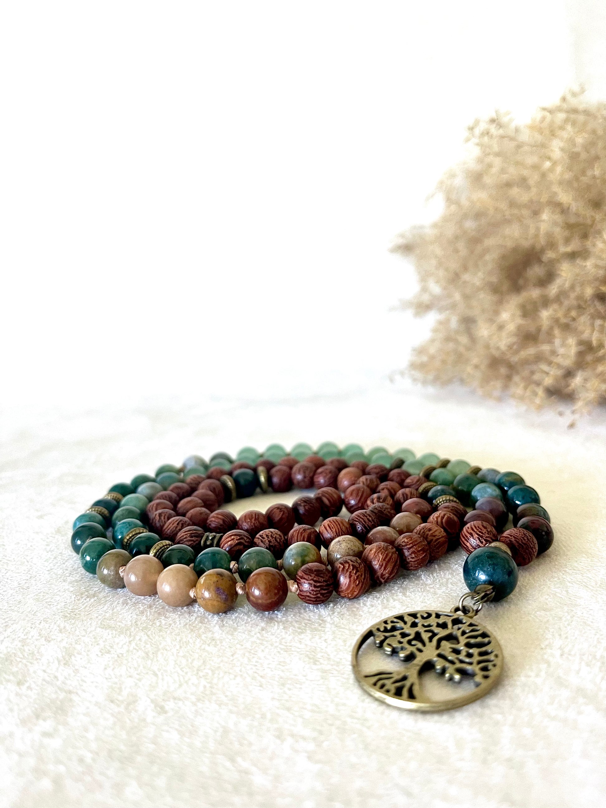 Green Mala for meditation and mindfulness, for man with a tree of life pendant.
