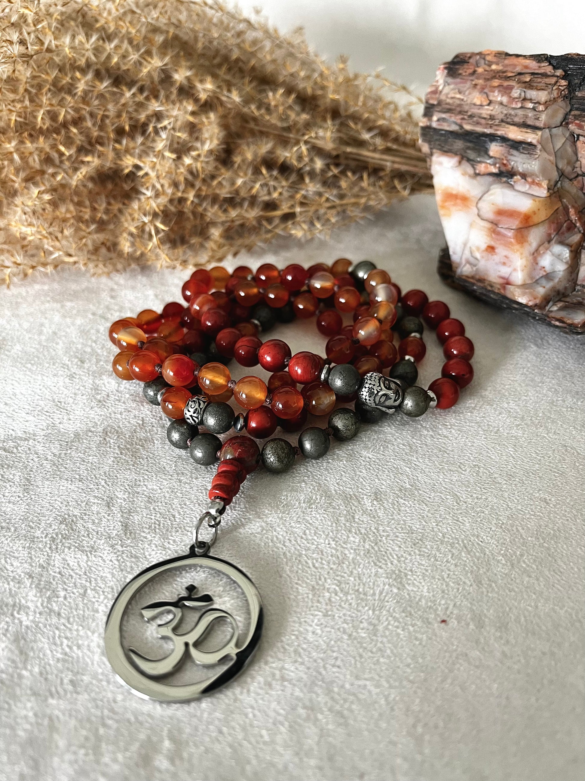 Grounding Mala Necklace – Red Jasper, Carnelian, Pyrite | 108 Beads for Courage, Vitality & Inner Strength | Root Chakra Mala - zodiac sign Aries