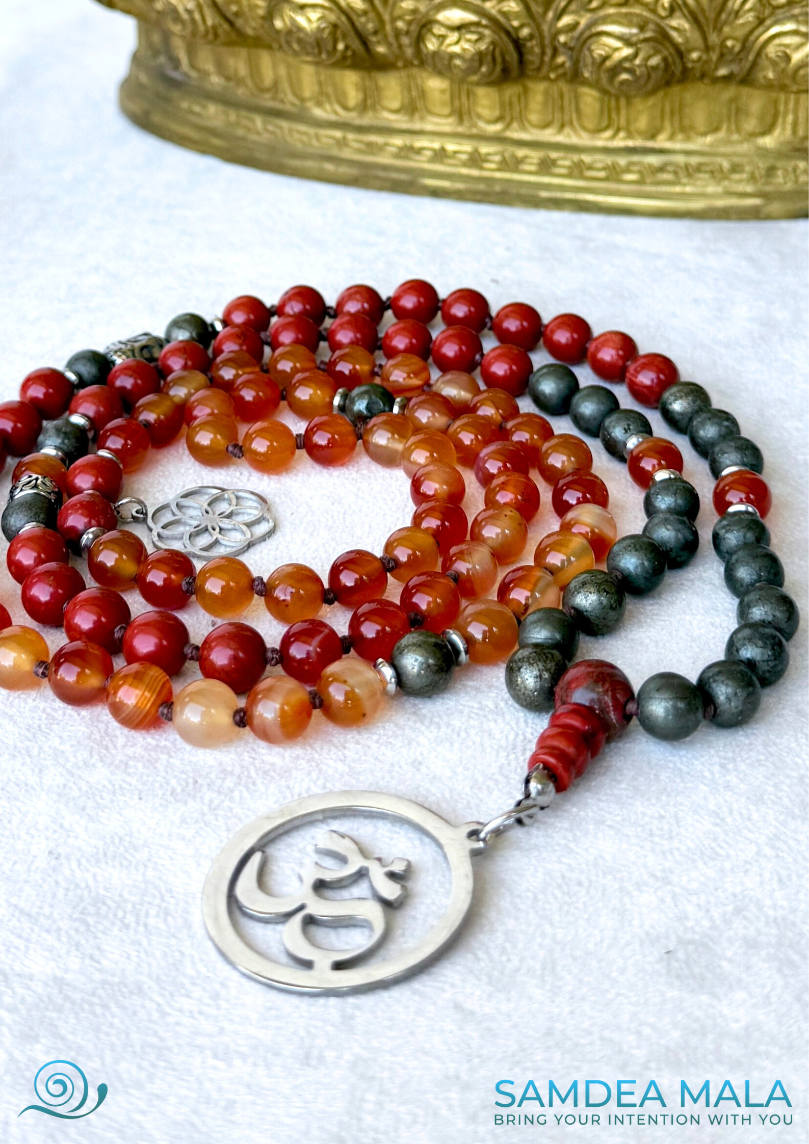 Grounding Mala Necklace – Red Jasper, Carnelian & Pyrite | 108 Beads for Strength, Vitality & Presence | Om Pendant + Buddha & Flower of Life. Zodiac sign Aries Mala for meditation.