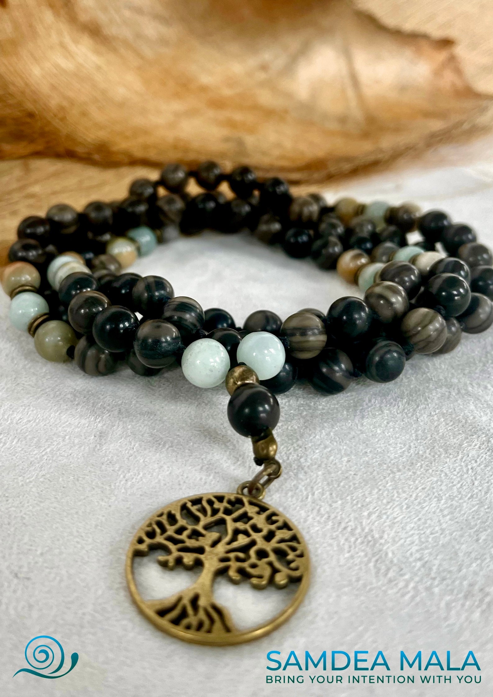 Handmade custom japamala with natural stones and nickel-free materials by Samdea Mala, for balance, inner strength, and self-discovery. 108 mala necklace with petrified wood beads and tree of life pendant, spiritual jewelry for meditation, mindfulness and daily intention.