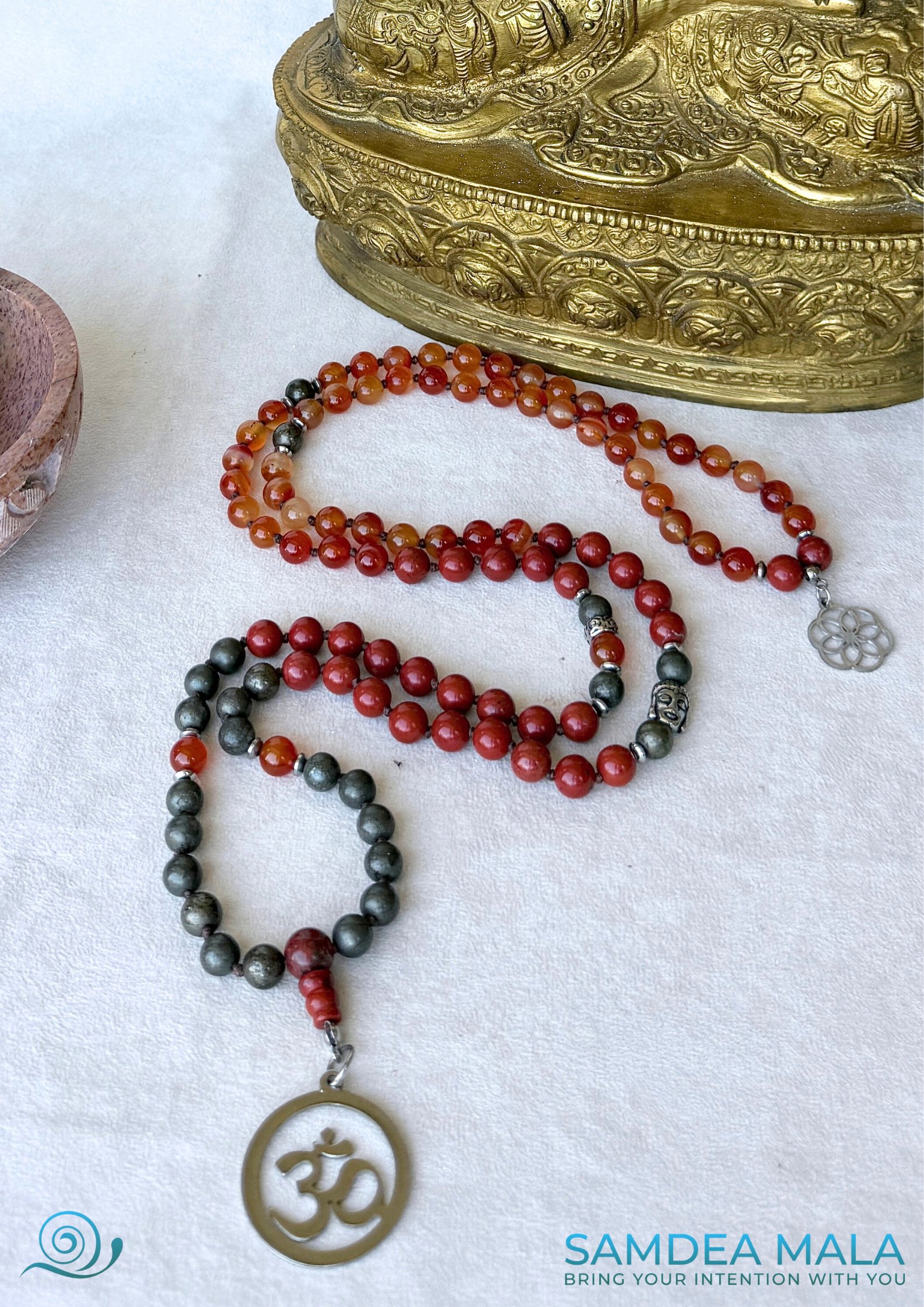 Grounding mala necklace with Om pendant, Buddha charm and seed of life small pendant. Natural stones – Red Jasper, Carnelian, Pyrite. Zodiac sign Aries Spiritual mala for meditation. Full view