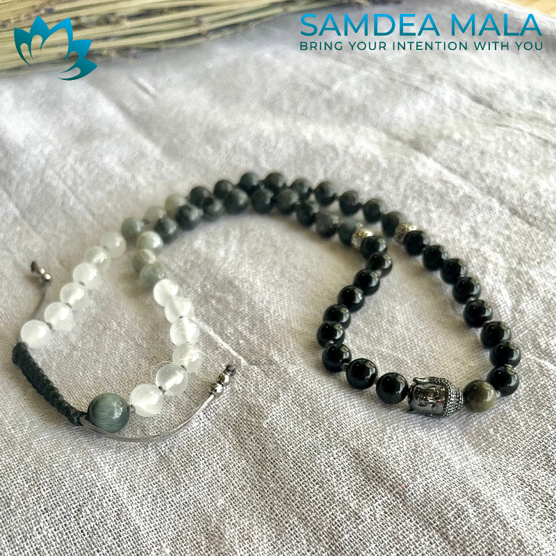 Half Mala & Wrap Bracelet in Obsidian, Labradorite & Selenite – Custom Mala Beads Necklace - meditation bracelet, intention bracelets, custom mala, tibetan wrist mala, energy crystals bracelets, spiritual mala, bracelets with crystals, custom mala bracelet, natural gemstones bracelets - Samdea Mala