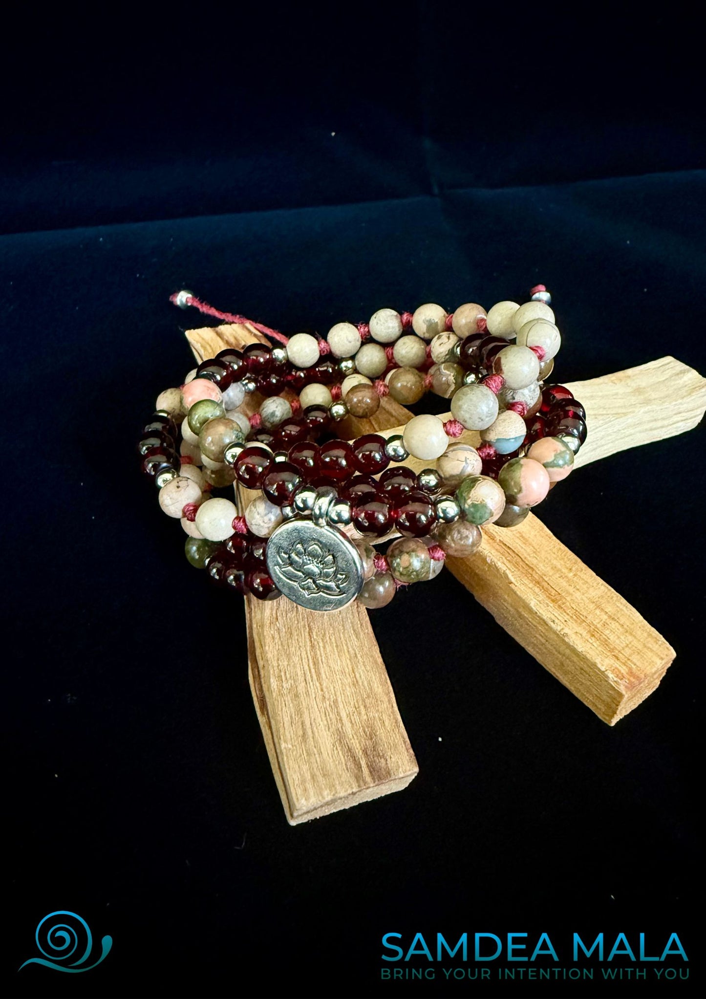 108 necklace and Wrap Bracelet in garnet and jasper with small lotus charm
