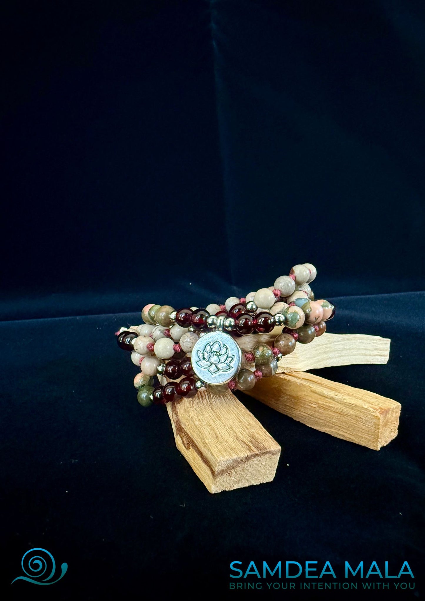 Mala and Wrap Bracelet by Samdea Mala. Multi round bracelet spiritual mala beads in garnet and jasper with small lotus charm
