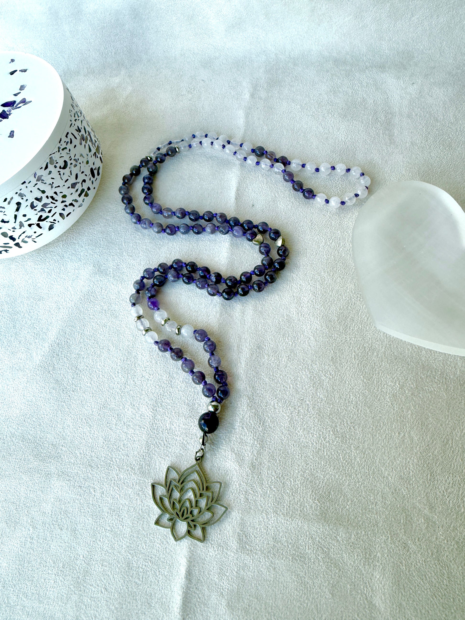 Hand-knotted amethyst & white jade mala necklace for calm and clarity