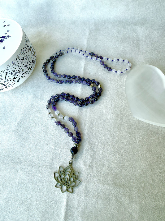 Hand-knotted amethyst & white jade mala necklace for calm and clarity