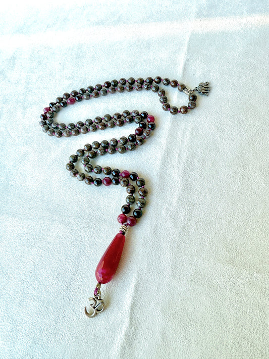 Hand-knotted snowflake obsidian & garnet mala necklace for grounding and vitality
