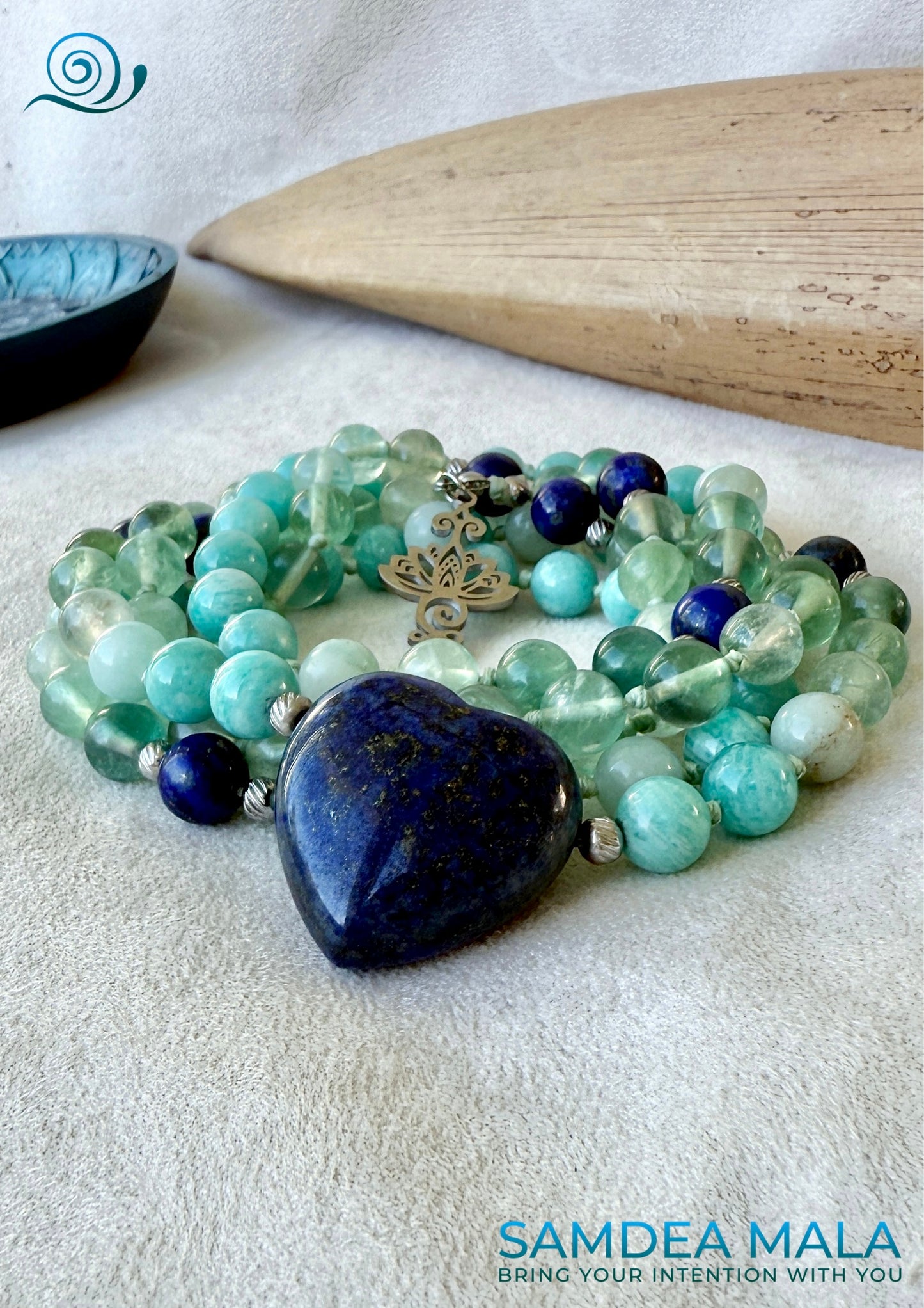 Hand knotted 108 mala beads with blue and green gemstones – sacred tool for mindfulness. Zodiac Sign Virgo. Custom mala for meditation