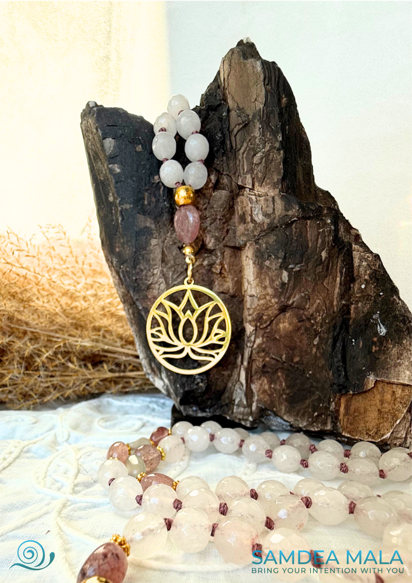 Handmade 108 mala with lotus pendant, ideal for heart-opening practices and mindfullness