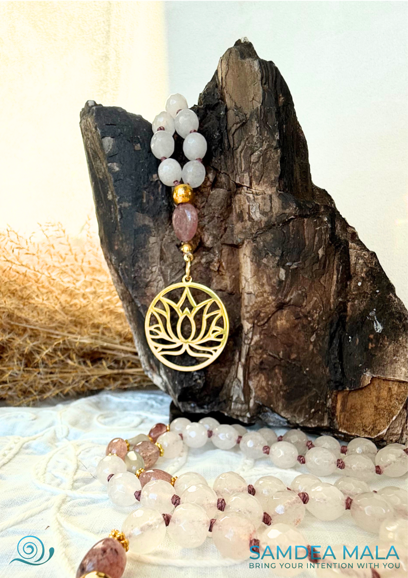 Handmade 108 mala with lotus pendant, ideal for heart-opening practices and mindfullness