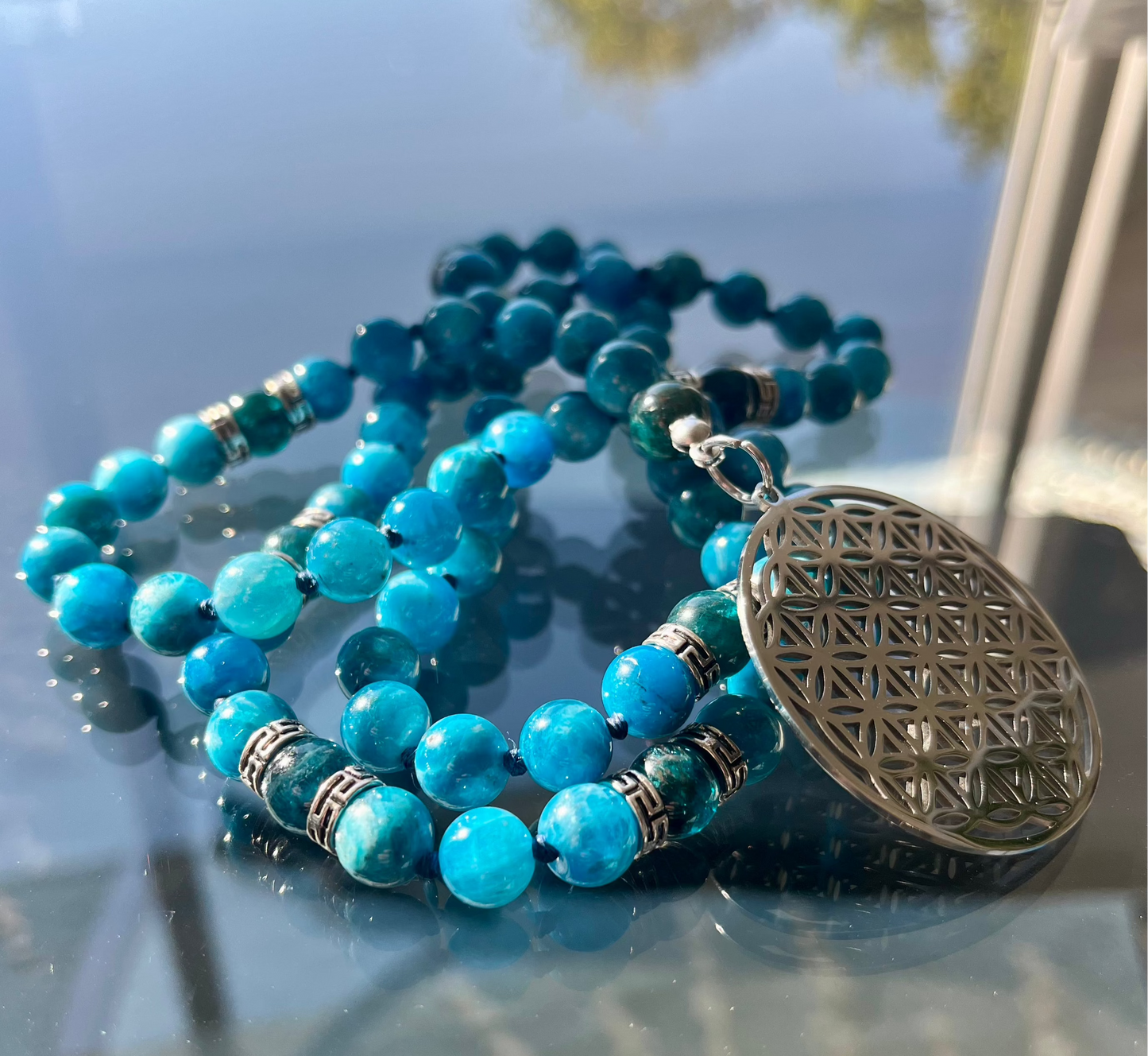 Apatite Mala Beads Necklace Handmade – Meditation Jewelry for Clarity and Focus - meditation bracelet, intention bracelets, custom mala, tibetan wrist mala, energy crystals bracelets, spiritual mala, bracelets with crystals, custom mala bracelet, natural gemstones bracelets - Samdea Mala