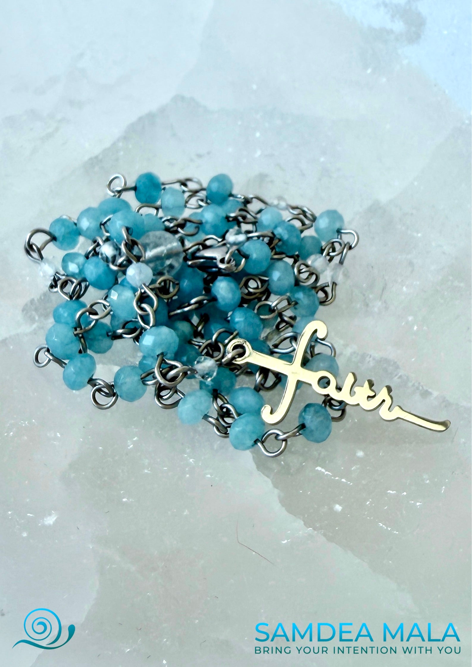 Traditional Catholic rosary with aquamarine and clear quartz, Classic Roman Catholic rosary, handmade with stainless steel cross "faith". Prayer necklace, wearable rosary, rosary jewelry, rosary gift, spiritual jewelry, handmade rosary, crystal rosary, clear quartz, catholic beads, devotion gift, gemstone rosary.