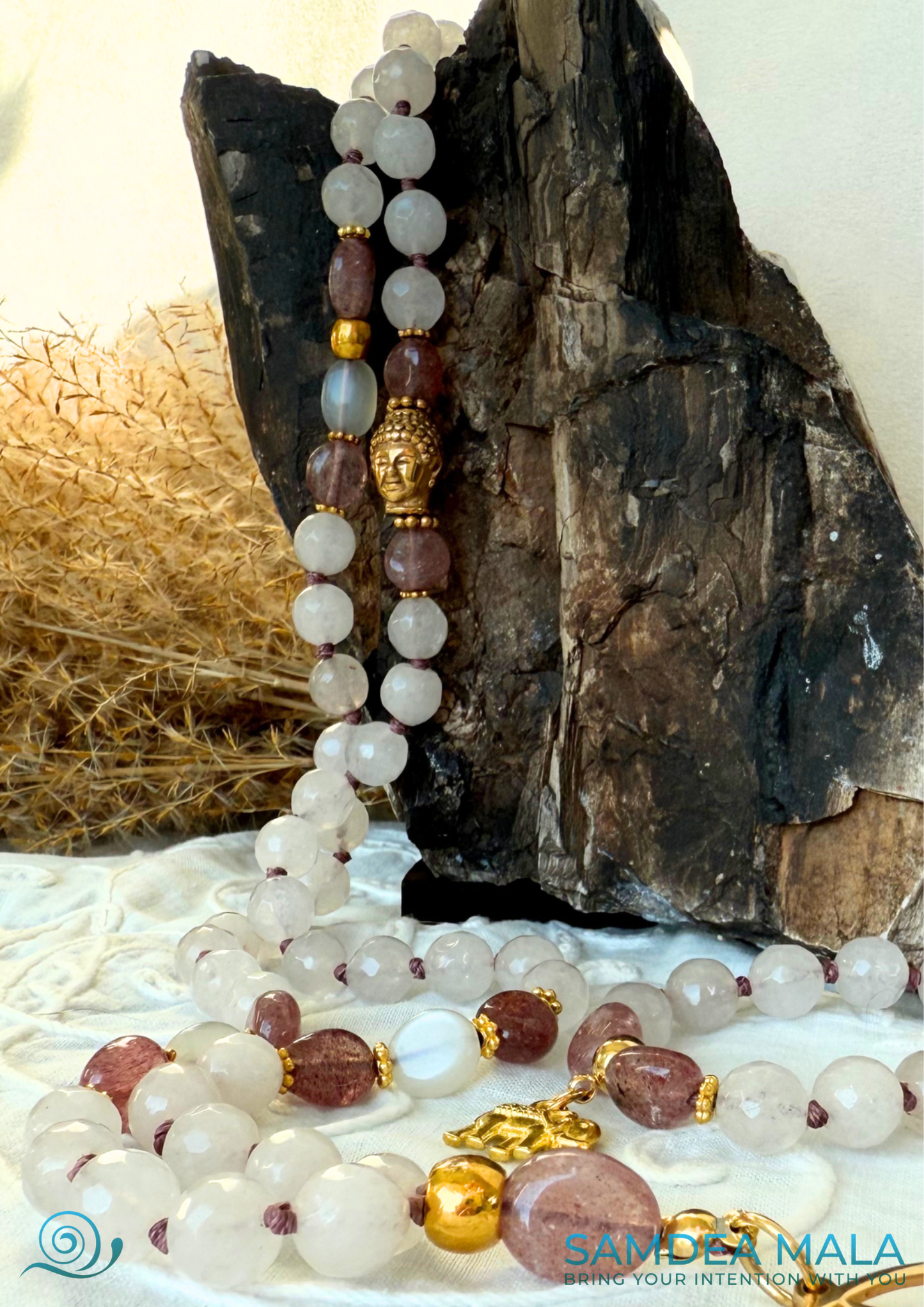 Healing crystal mala necklace with Buddha, rose quartz, strawberry quartz, and calming feminine energy - Samdea Mala
