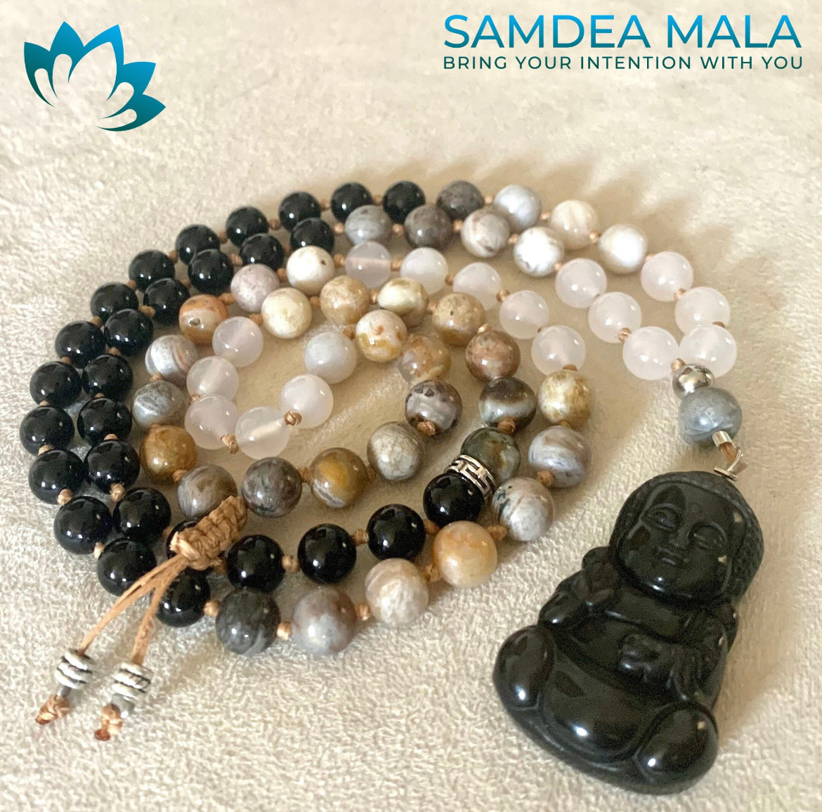 Samdea Mala custom short mala beads for meditation and midfullness with Buddha pendant in obsidian, agate and selenite