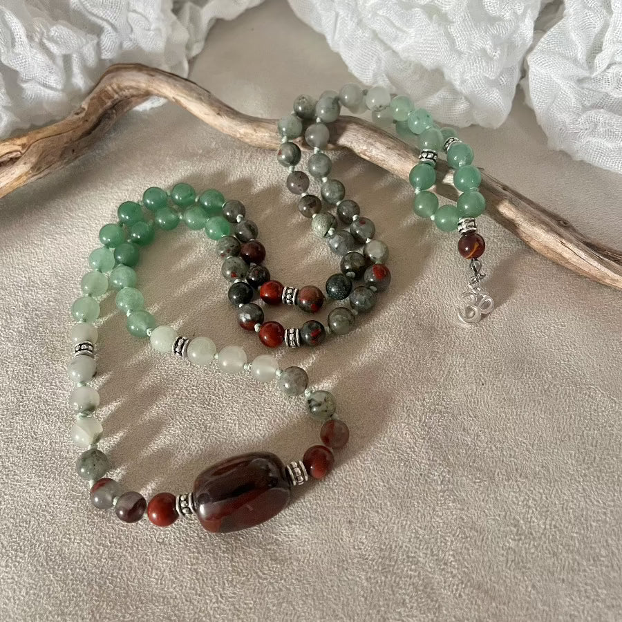 Custom Short Mala – Natural Gemstone Mala Beads for Meditation Gifts, handcrafted with Aventurine, Heliotrope, and Red Jasper, featuring a small Om charm pendan