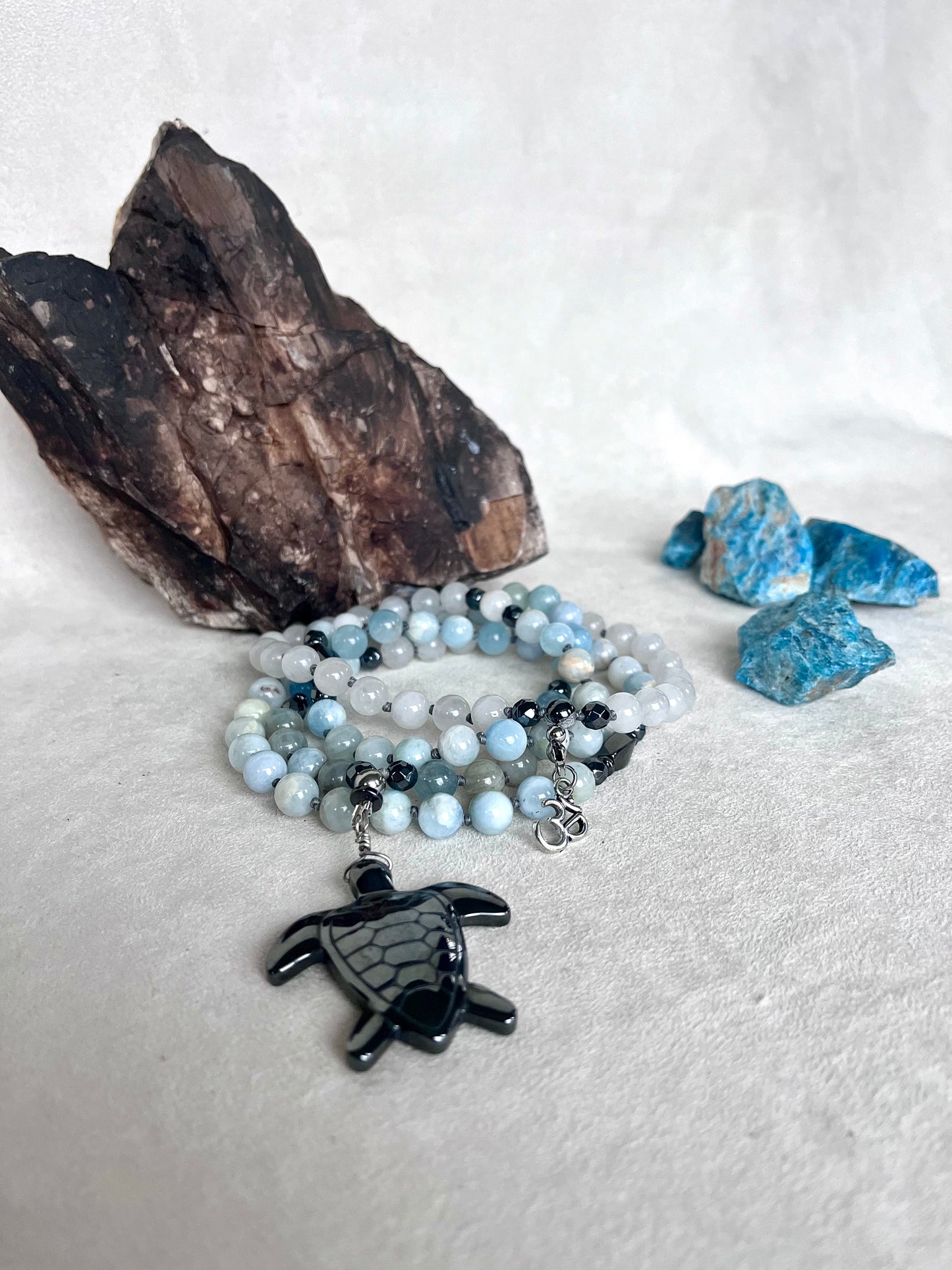 Mala Beads in Aquamarine and White Jade - meditation bracelet, intention bracelets, custom mala, tibetan wrist mala, energy crystals bracelets, spiritual mala, bracelets with crystals, custom mala bracelet, natural gemstones bracelets - Samdea Mala