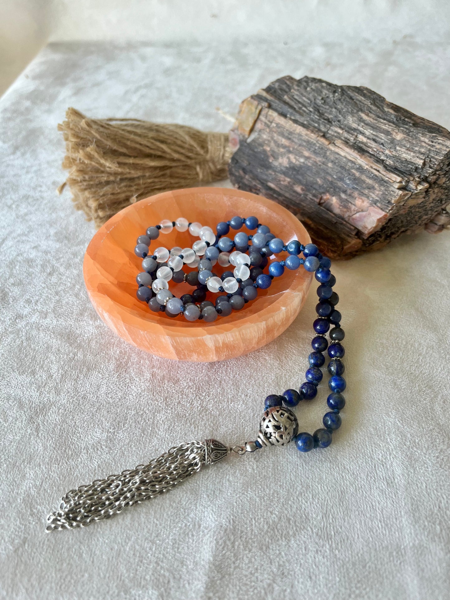 Mini mala in lapis lazuli, blue aventurine and selenite