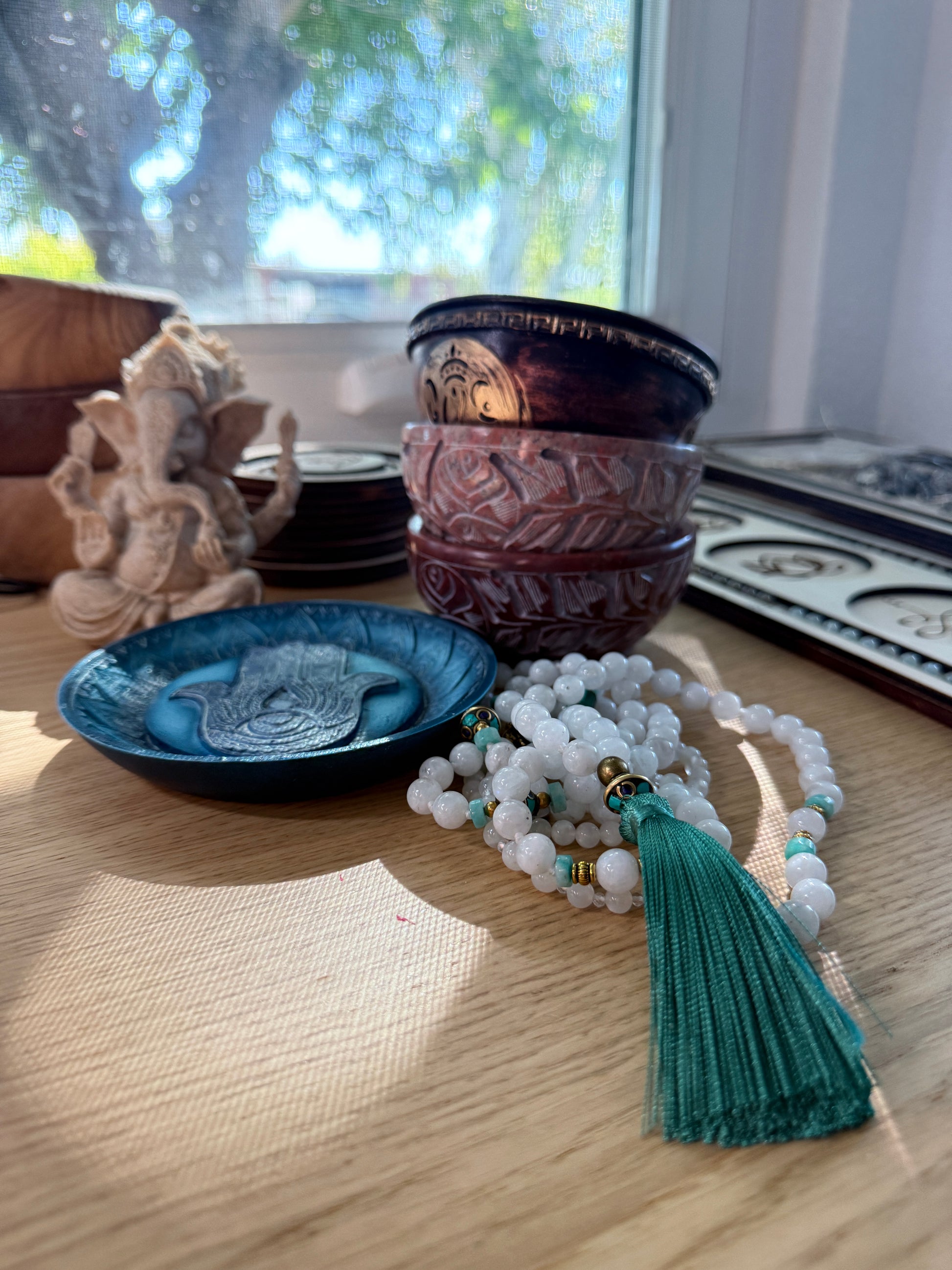 Feminine Energy Mala Necklace – Moonstone & Amazonite for Intuition and Emotional Flow - Samdea Mala