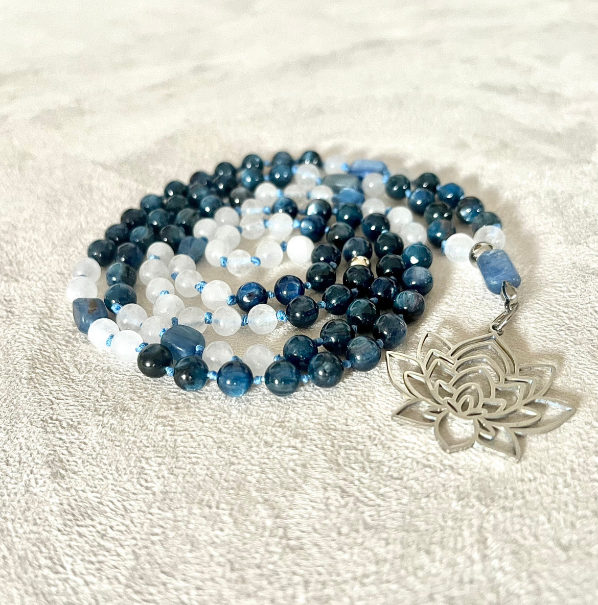 Customized Kyanite meditation beads with lotus pendant