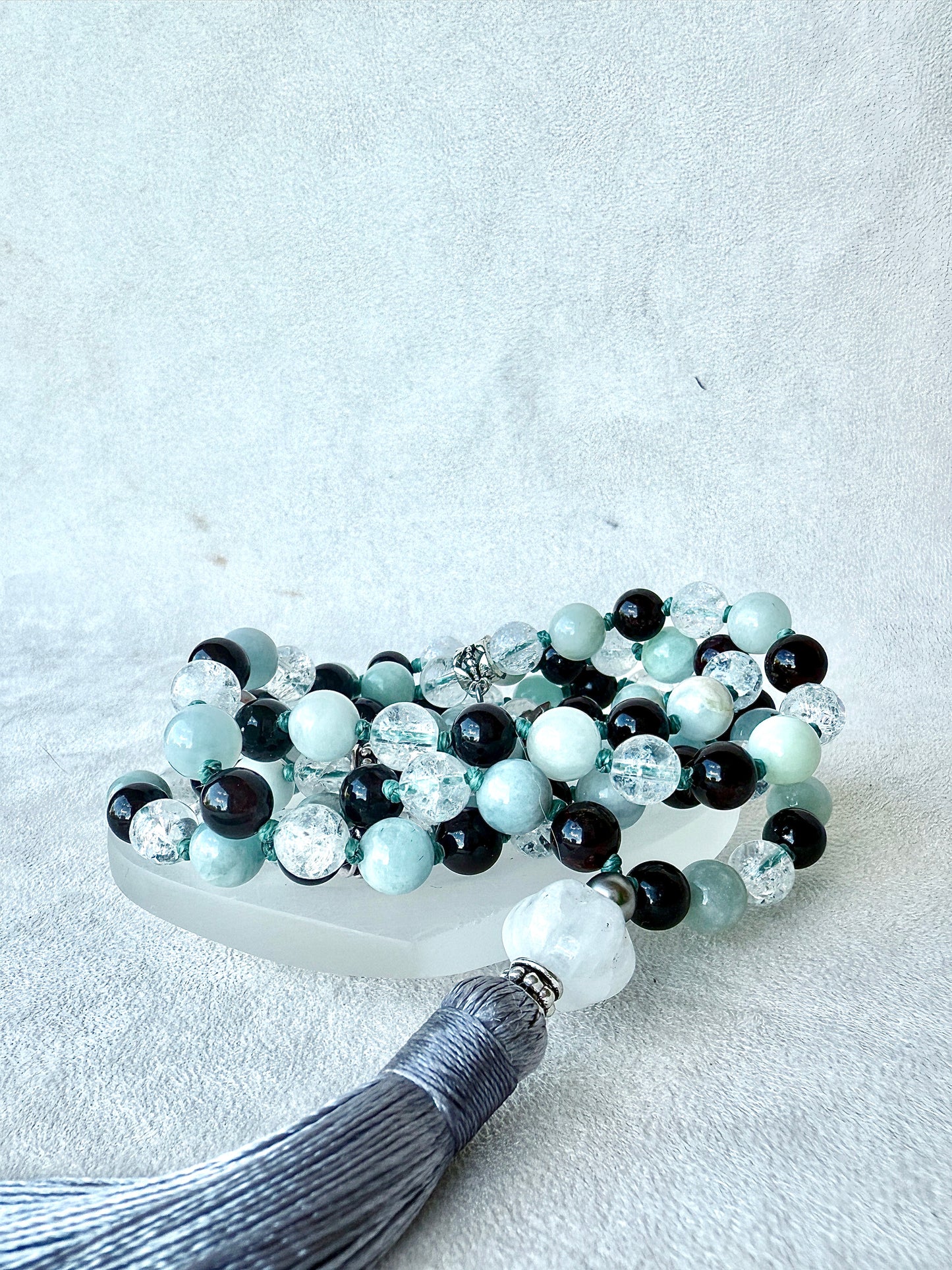 Aquamarine, Garnet & Clear Quartz Mala Necklace – 108 Prayer Beads with Milky Quartz Meru, Lotus & Om Charms | Custom Meditation Mala
