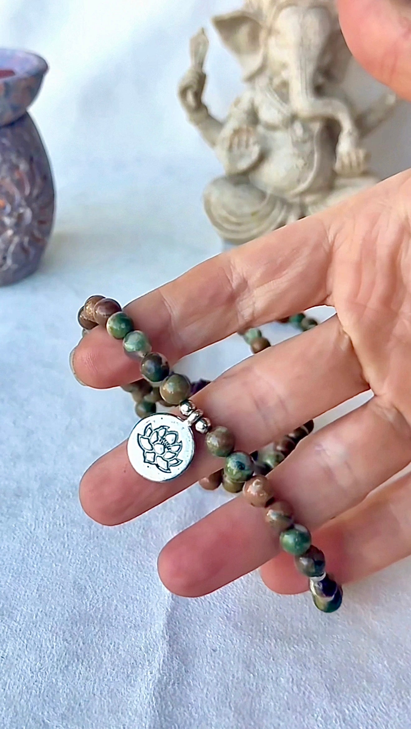 Rhyolite Jasper Mala Wrap Bracelet with Small Lotus Charm – Grounding Spiritual Jewelry - Samdea Mala