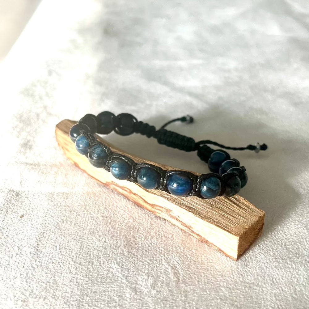 Kyanite spiritual bracelet wrapped around wrist – elegant and serene. Meditation Bracelet made of natural Kyanite beads with steel finish