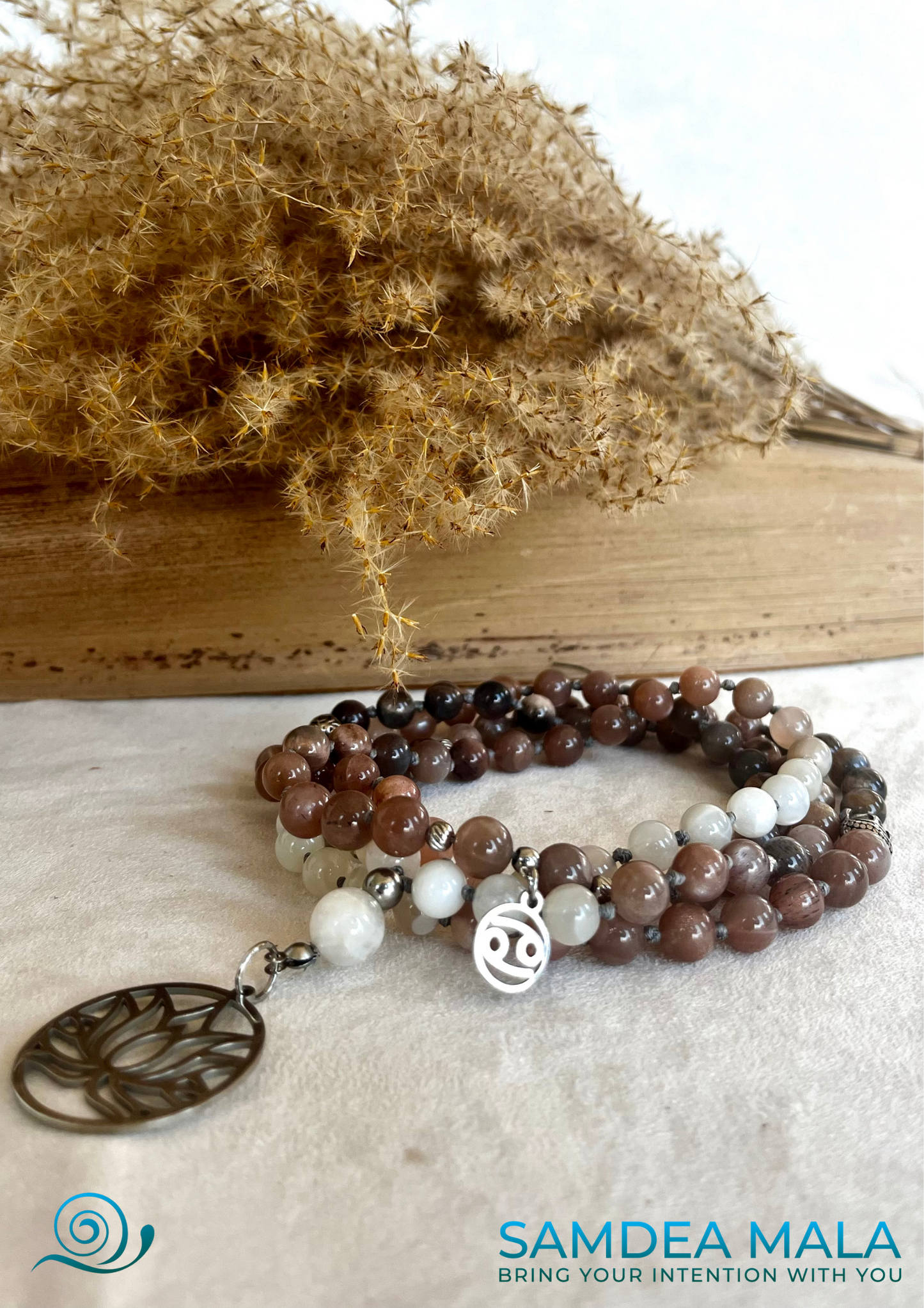 Mala Beads Necklace Handmade – Cancer Mala with Moonstone for Emotional Balance and Intuition - meditation bracelet, intention bracelets, custom mala, tibetan wrist mala, energy crystals bracelets, spiritual mala, bracelets with crystals, custom mala bracelet, natural gemstones bracelets - Samdea Mala