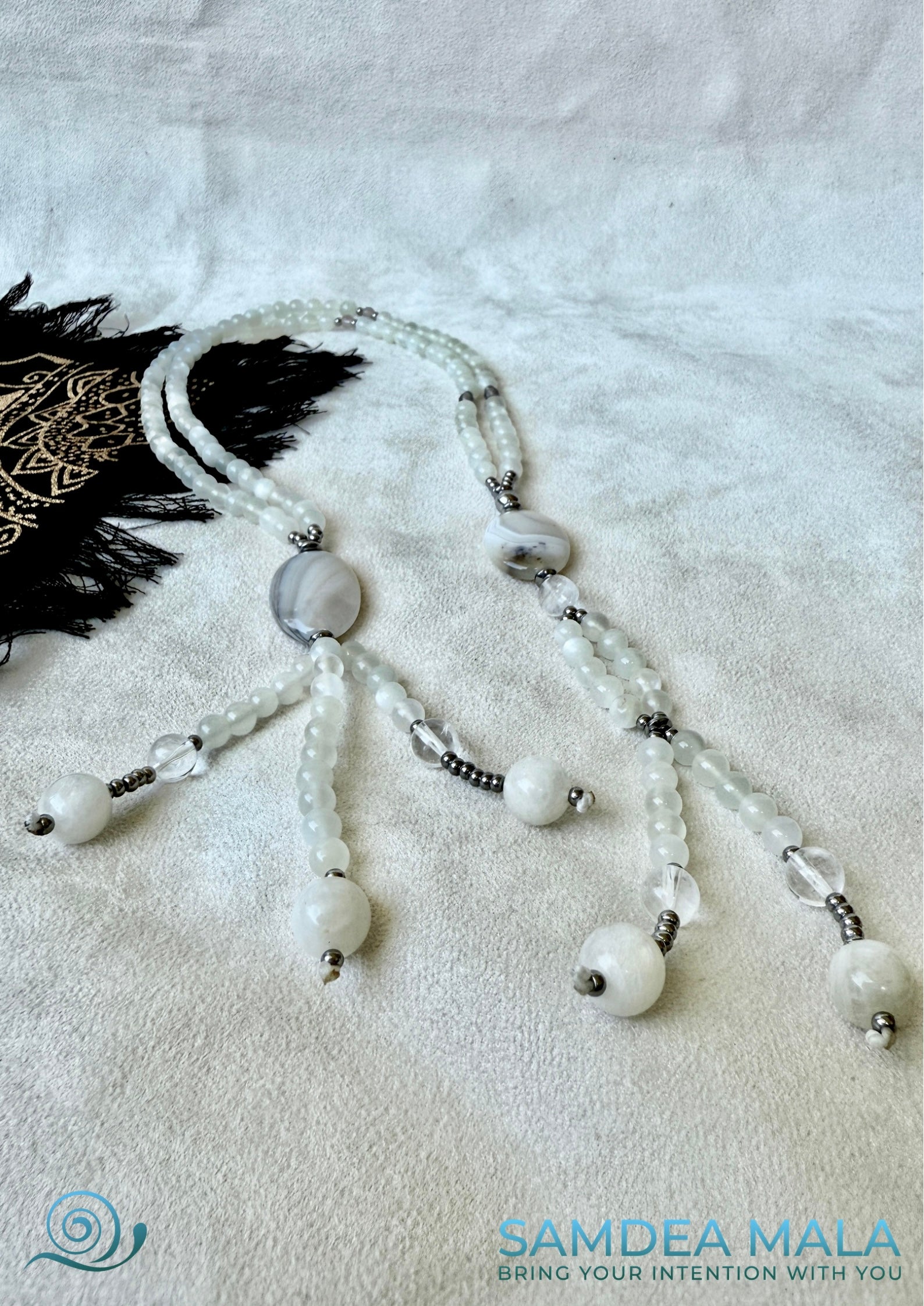 Japanese Buddhist Juzu with tassels and calming moonstone energy. Handcrafted Juzu for chanting Nam Myoho Renge Kyo – moonstone and agate design