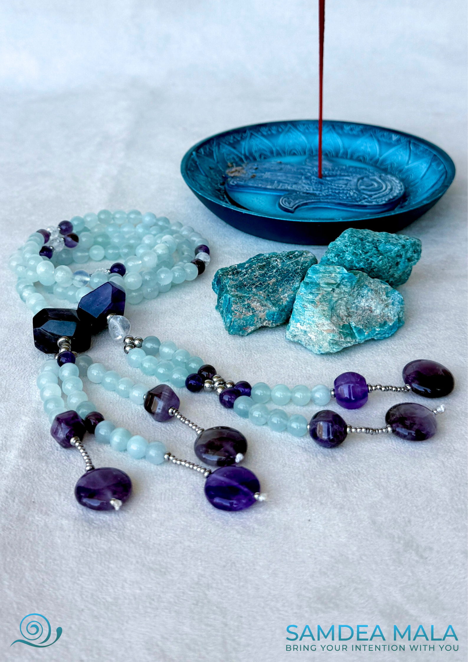 Soka Gakkai Japanese Buddhist juzu, handmade prayer beads for Daimoku chanting and meditation. Nam Myoho Renge Kyo SGI - with amethyst and aquamarine. Samdea Mala