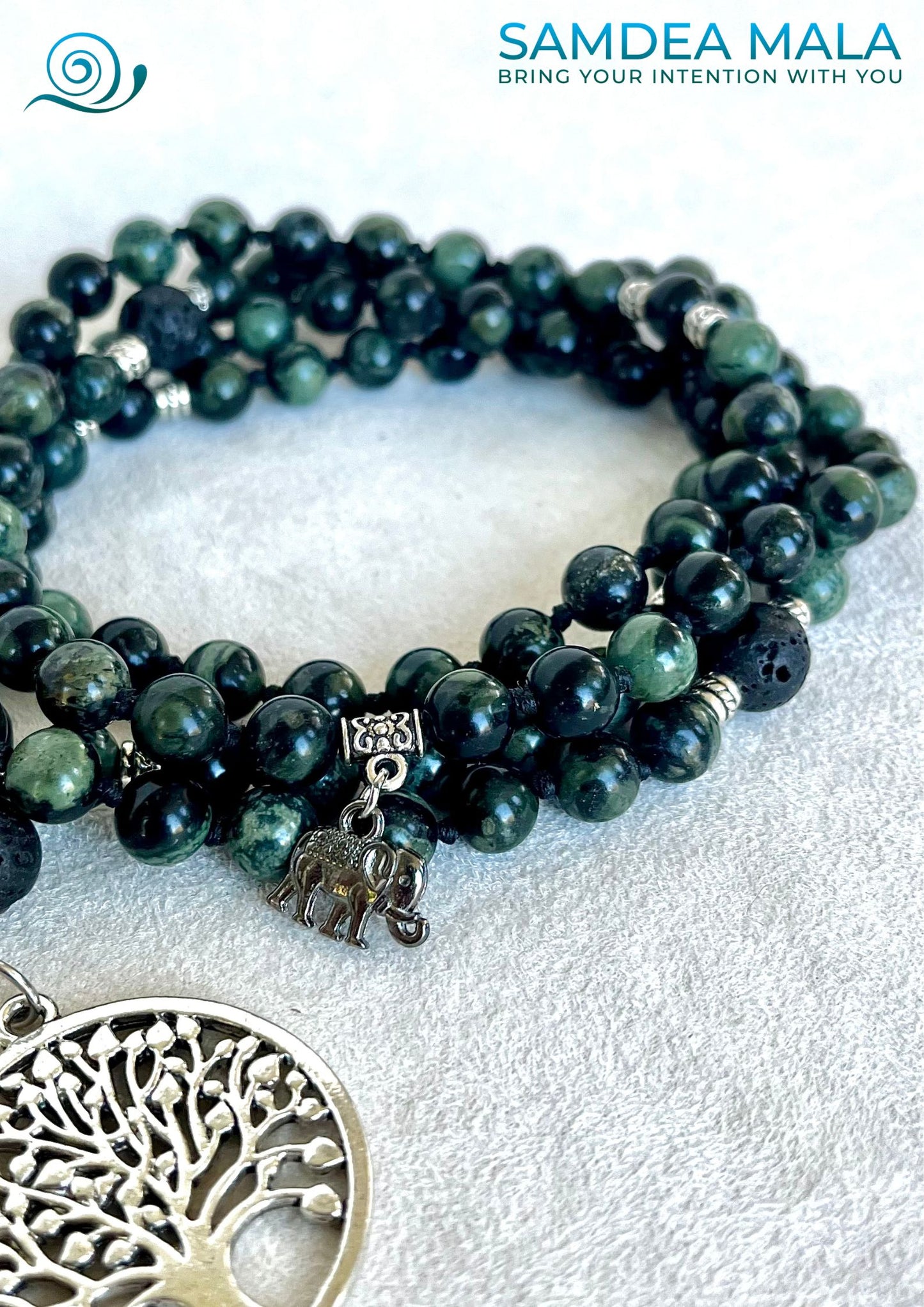 Close up Samdea Mala – Mini mala in Kambaba Jasper and Lavic Stone for grounding custom mala beads, spiritual 108 mala beads, prayer beads for meditation and midfullness with tree of life pendant