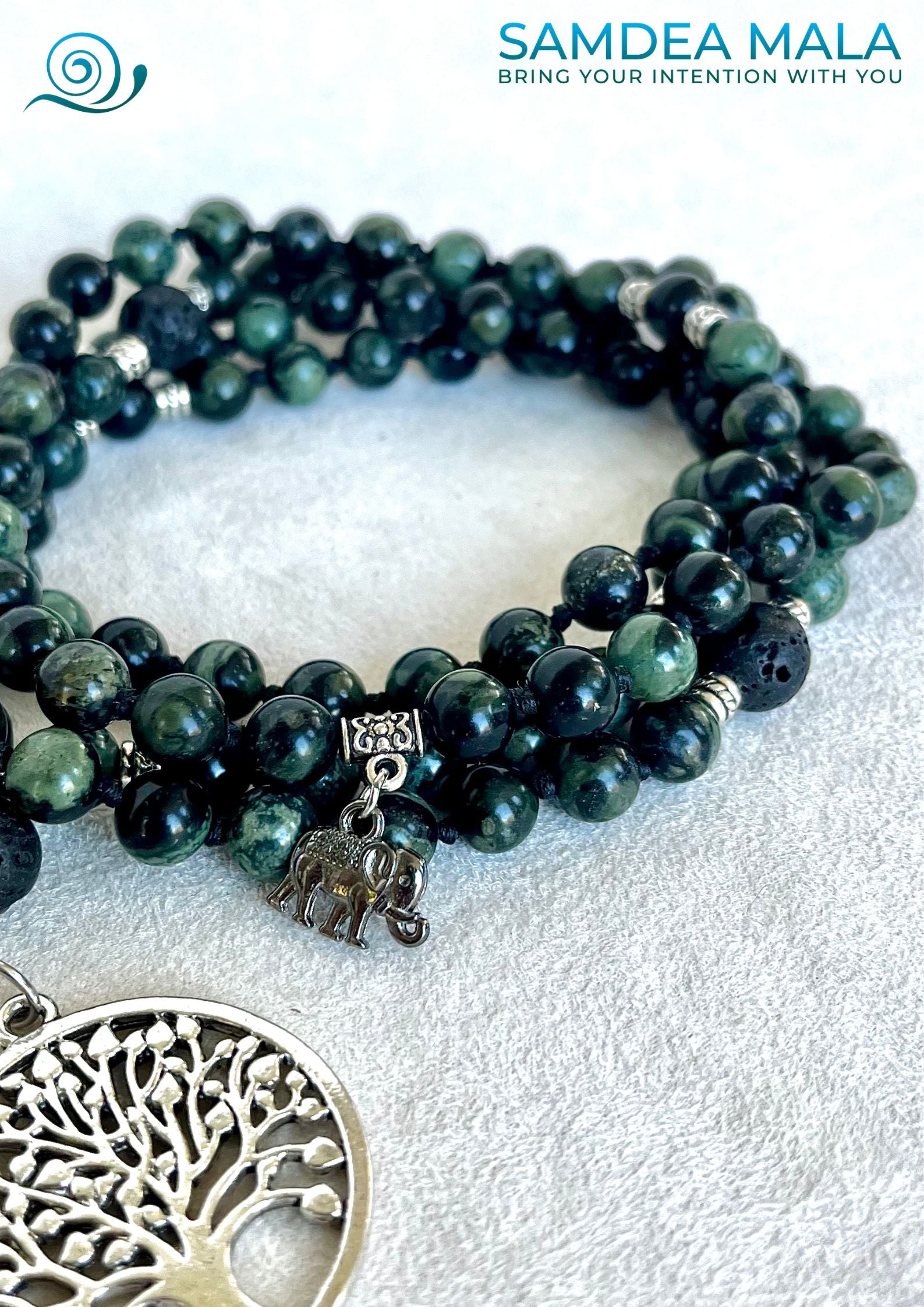Close up Samdea Mala – Mini mala in Kambaba Jasper and Lavic Stone for grounding custom mala beads, spiritual 108 mala beads, prayer beads for meditation and midfullness with tree of life pendant