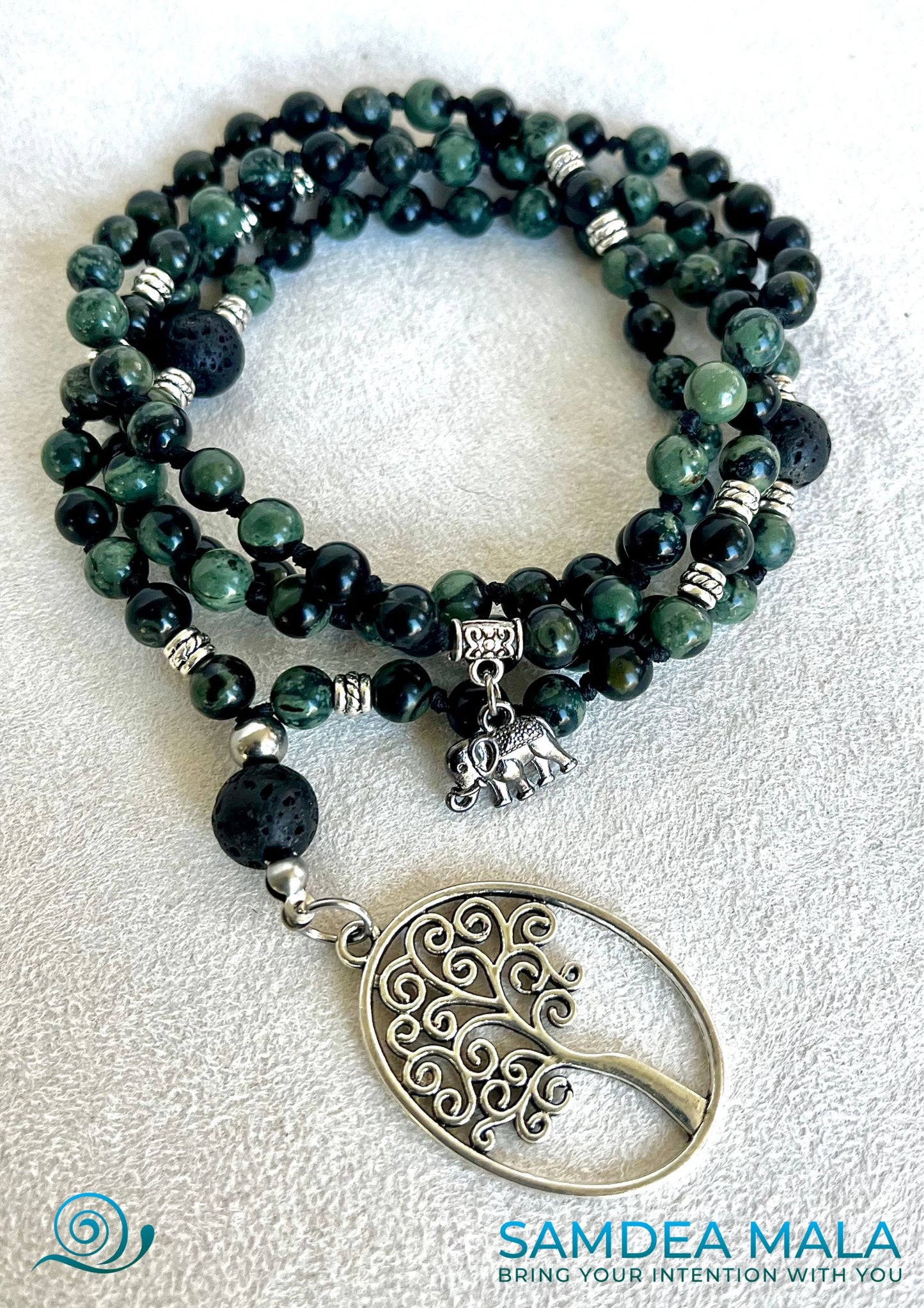 Mala for man - Mini mala in Kambaba Jasper and Lavic Stone for grounding custom mala beads, spiritual 108 mala beads, prayer beads for meditation and midfullness with tree of life pendant