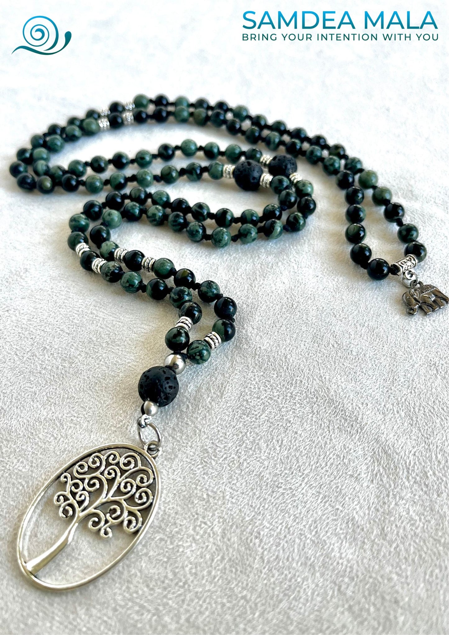 Samdea Mala – Mini mala in Kambaba Jasper and Lavic Stone for grounding custom mala beads, spiritual 108 mala beads, prayer beads for meditation and midfullness with tree of life pendant