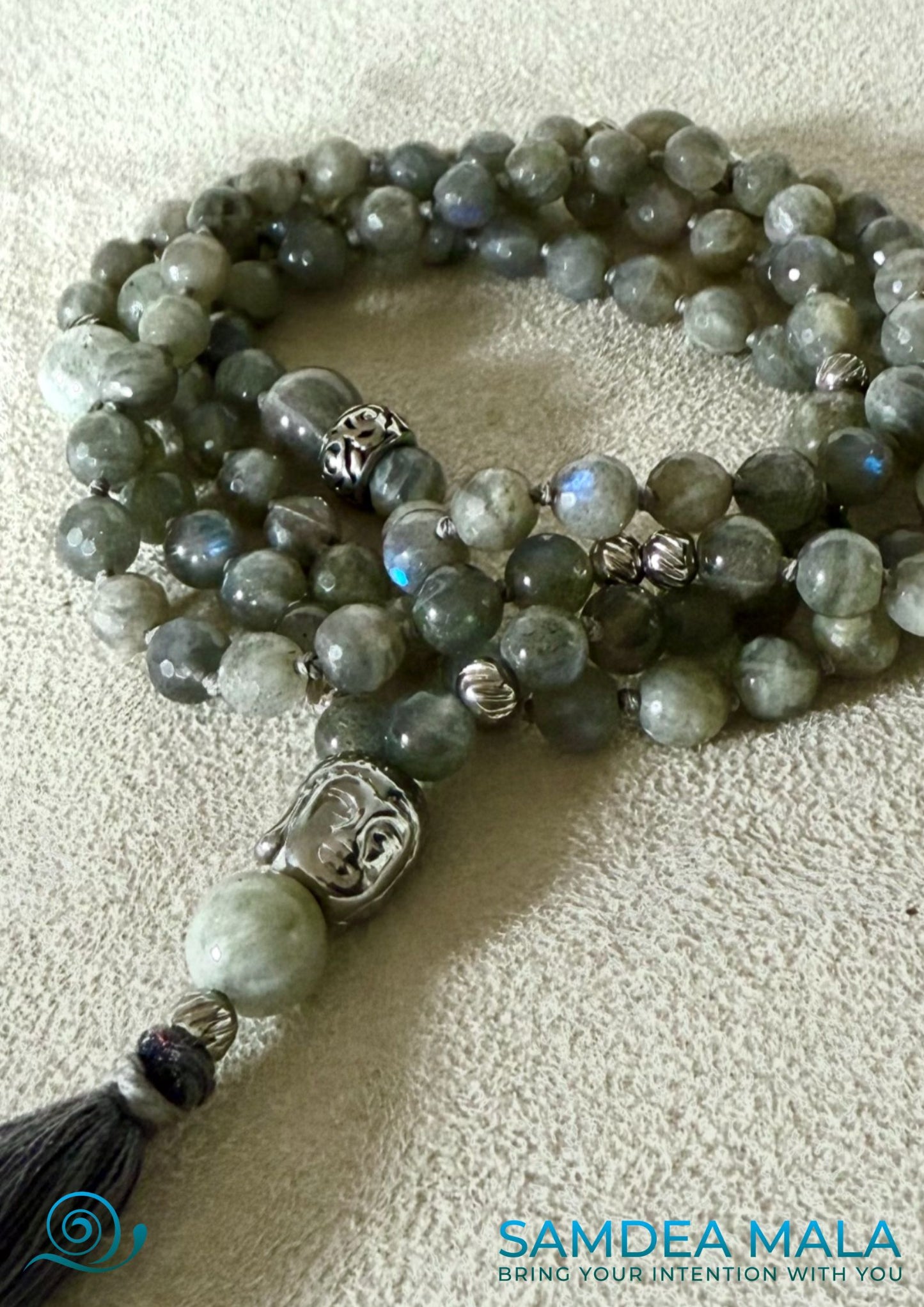 Samdea Mala handmade Labradorite mala necklace wirh Buddha - success and inner light