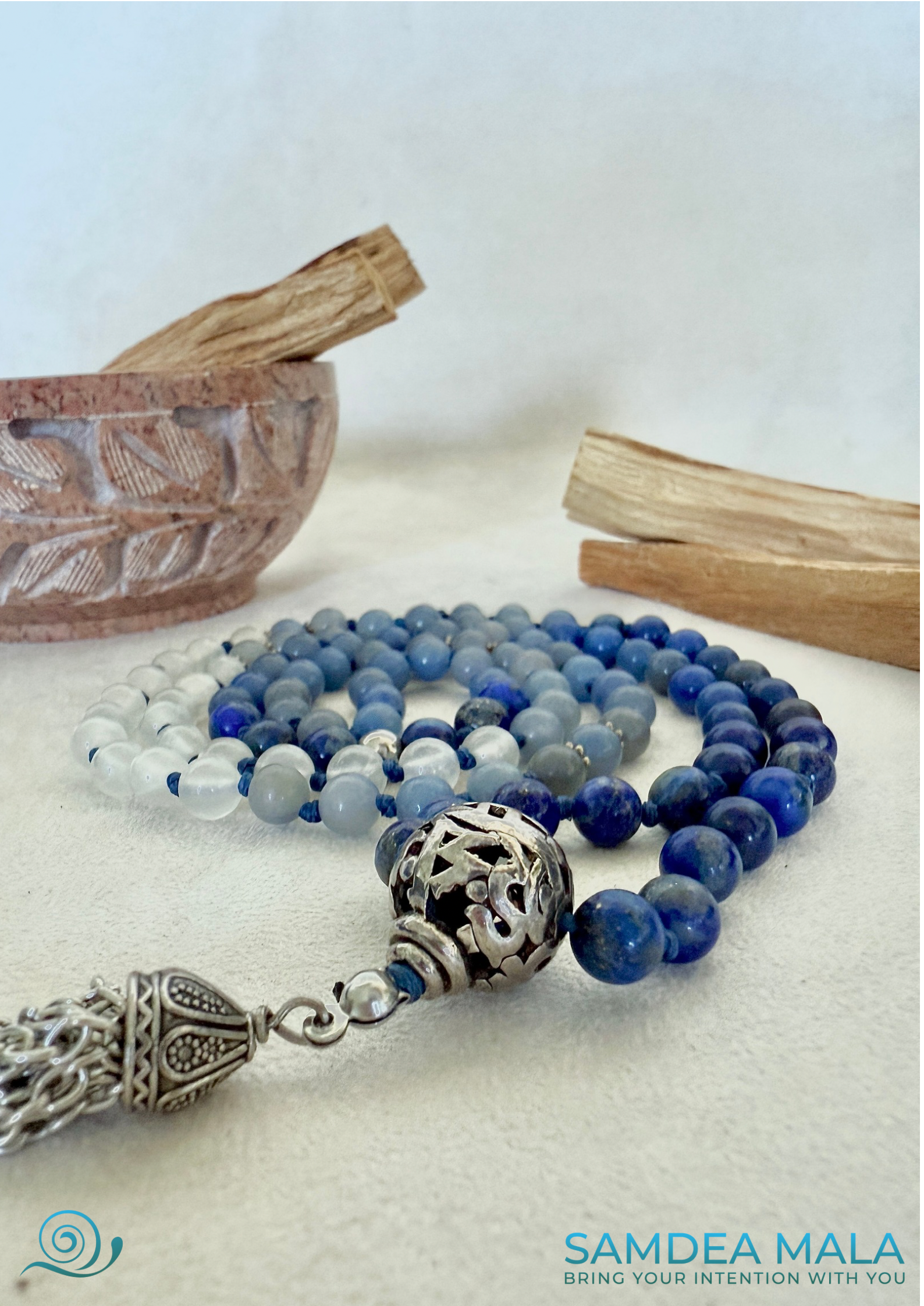 Lapis Lazuli, Blue Aventurine & White Jade Spiritual Mala Beads - Natural Gemstones