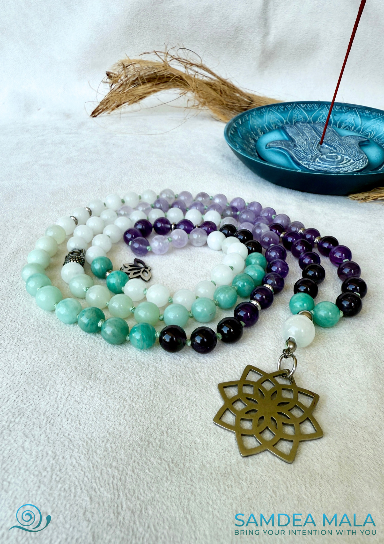 Letting go mala necklace for self-care and emotional release – handmade in US. Buddha charm, seed of life pendant and lotus charm. Mala for Pisces Zodiac Sign
