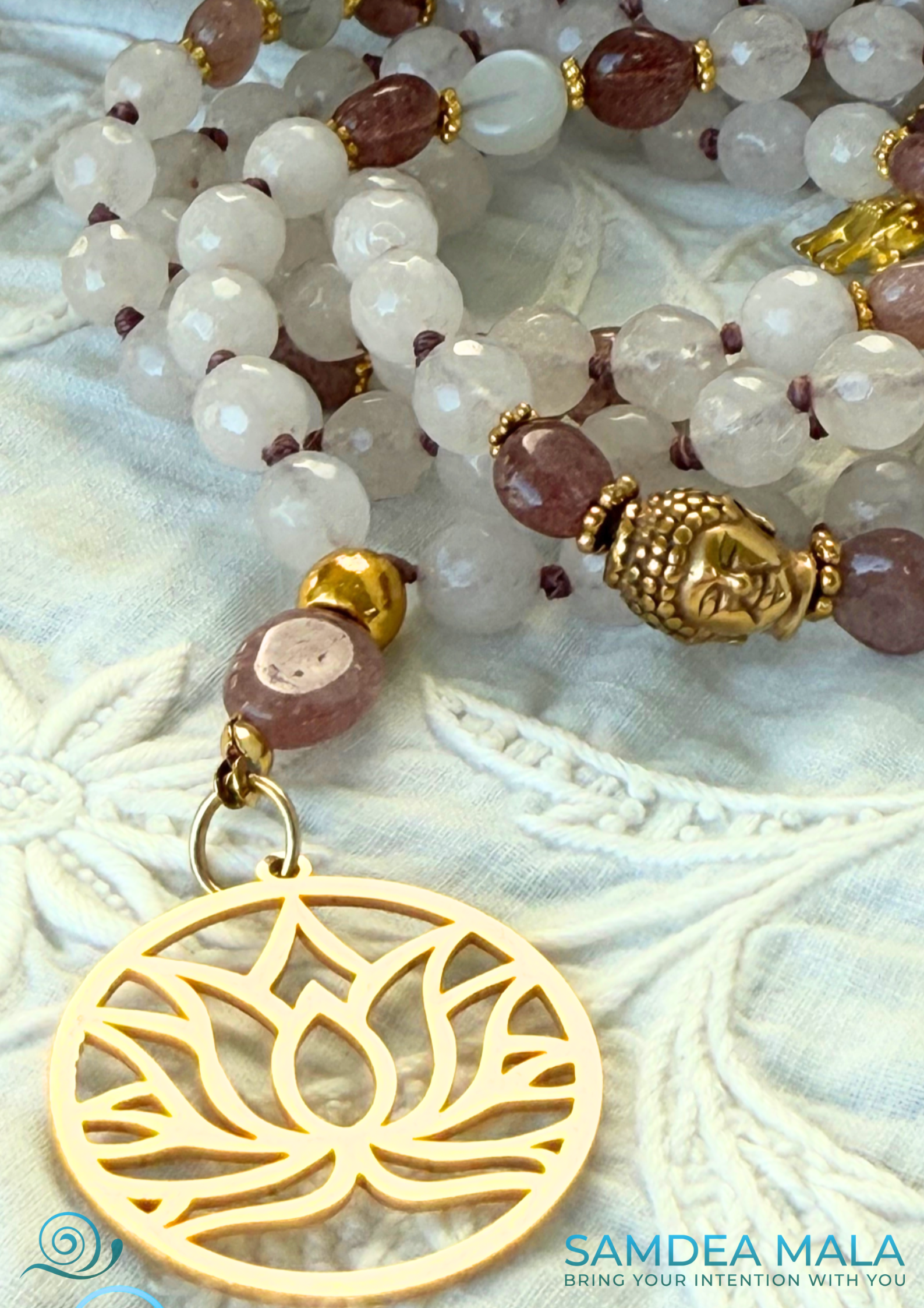 close-up of Rose Quartz & Strawberry Quartz Mala – Emotional Healing and Self-Love | Lotus Flower Pendant | 108 Beads Meditation Necklace close-up of lotus pendant and Buddha charm