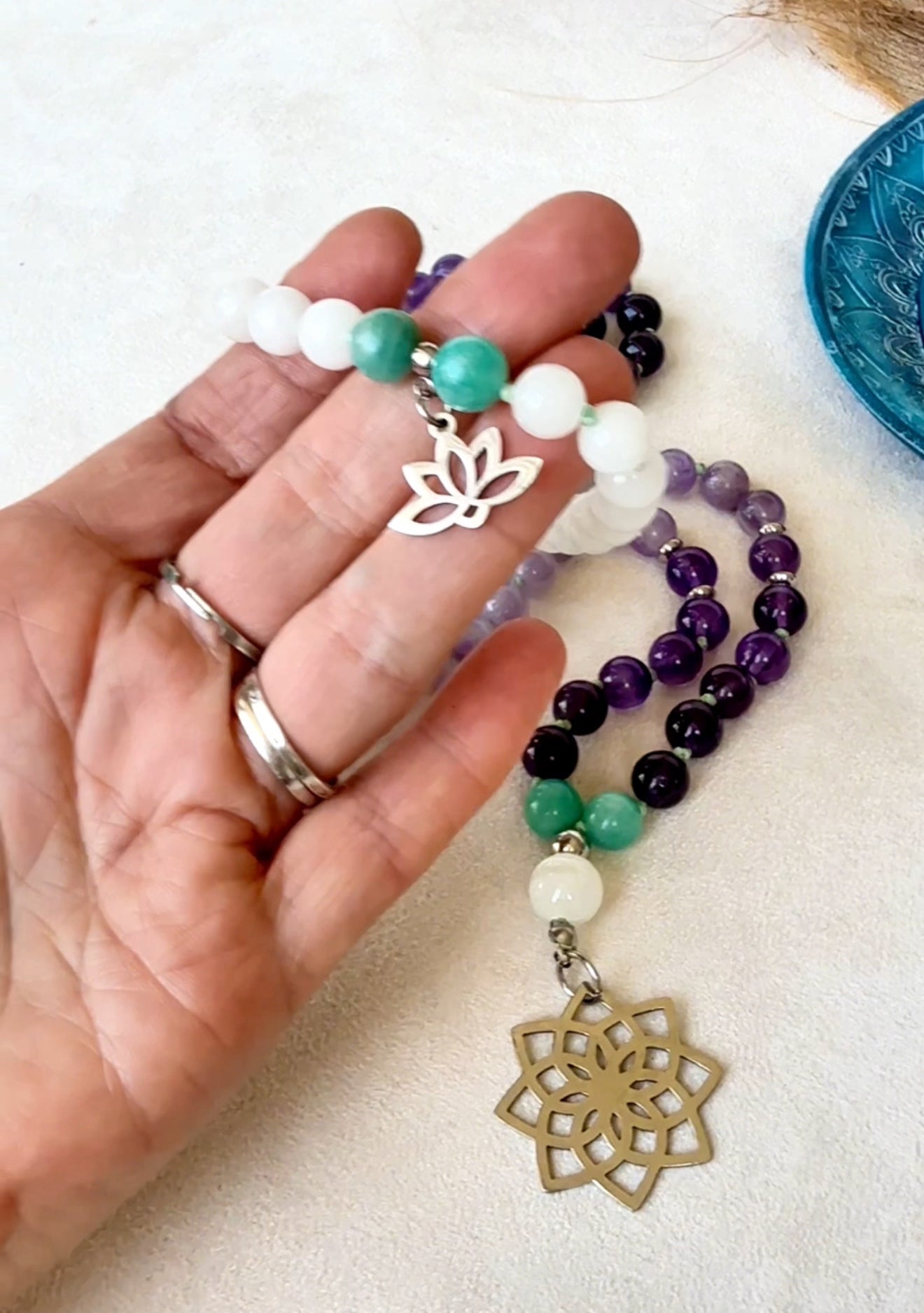 Lutus charm – 108 bead necklace with amethyst, amazonite and jade. hand-knotted mala with calming gemstone beads – spiritual necklace for meditation and clarity, Seed of life pendant. Mala for Pisces Zodiac Sign