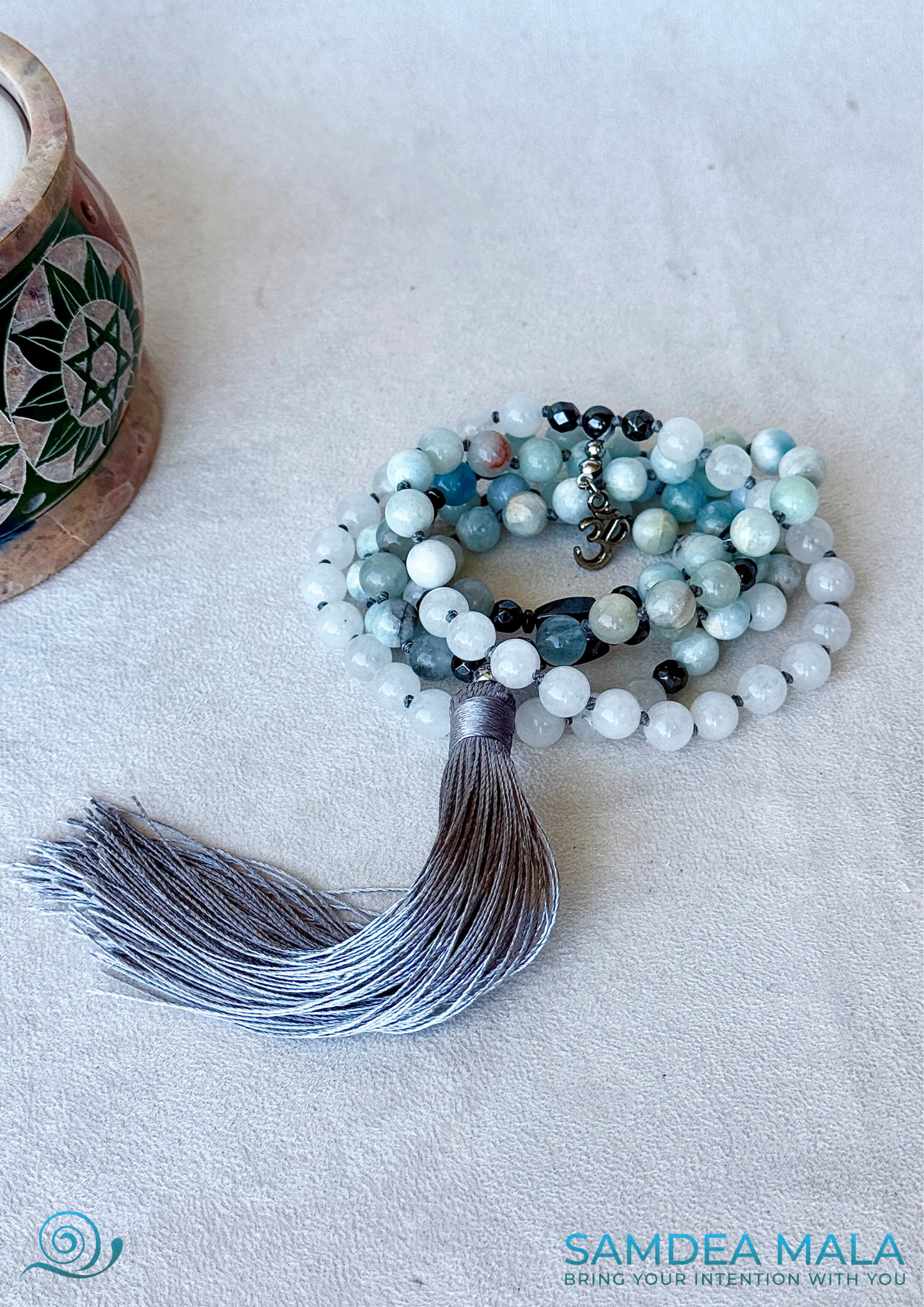 108 Mala beads for meditation in Aquamarine and White Jade with Tassel for peace and presence