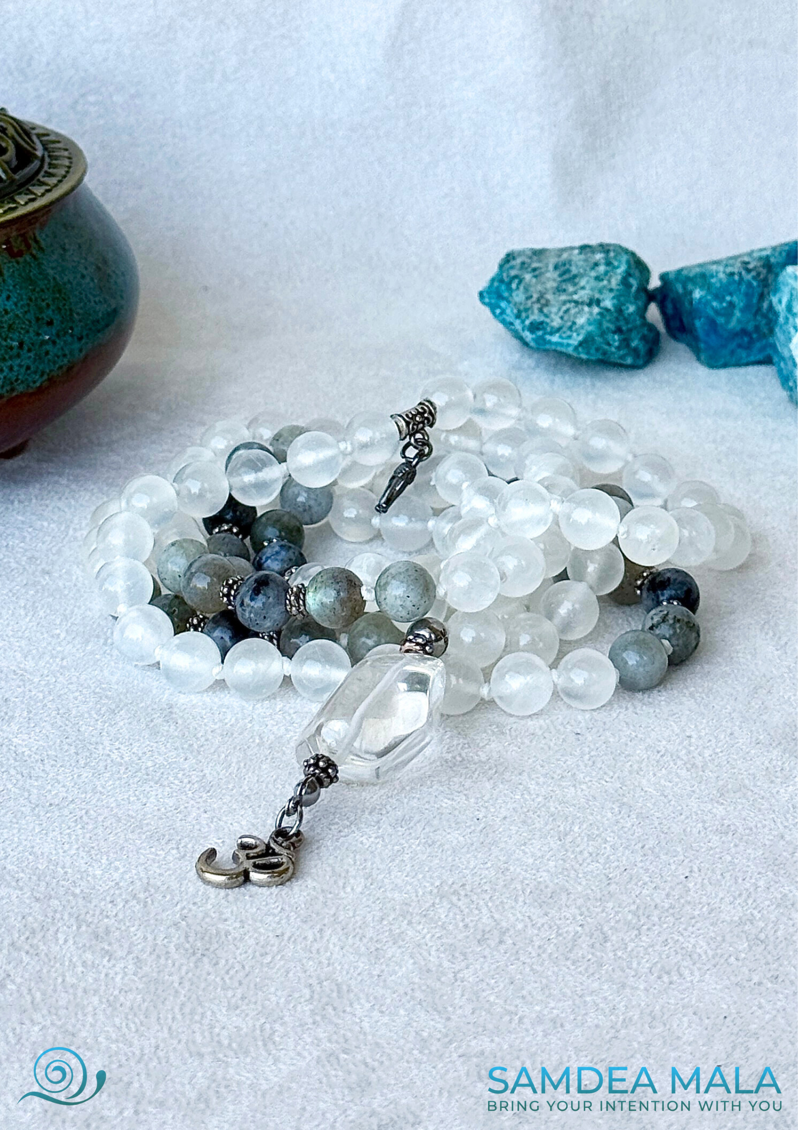 Mala for meditation in selenite, Mala necklace with om pendant, Custom mala beads for clarity, 108 prayer beads, Spiritual gift for protection, Labradorite for success. Samdea Mala
