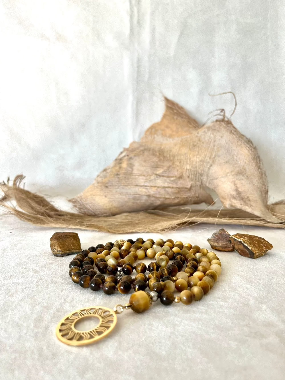 Mala Beads Necklace Handmade – Leo Mala in Tiger’s Eye and Yellow Jade for Strength & Creativity - meditation bracelet, intention bracelets, custom mala, tibetan wrist mala, energy crystals bracelets, spiritual mala, bracelets with crystals, custom mala bracelet, natural gemstones bracelets - Samdea Mala