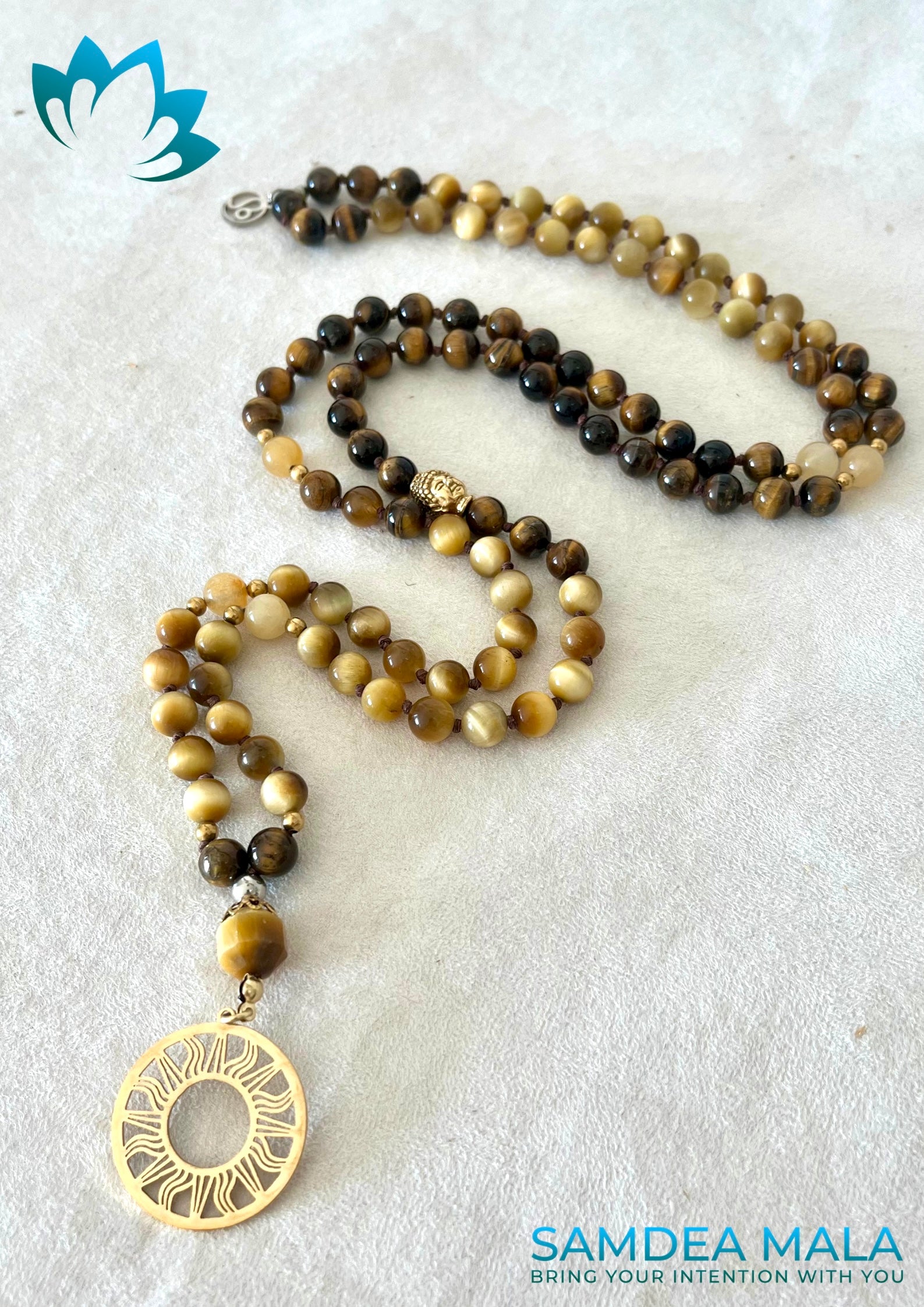 Mala Beads Necklace Handmade – Leo Mala in Tiger’s Eye and Yellow Jade for Strength & Creativity - meditation bracelet, intention bracelets, custom mala, tibetan wrist mala, energy crystals bracelets, spiritual mala, bracelets with crystals, custom mala bracelet, natural gemstones bracelets - Samdea Mala