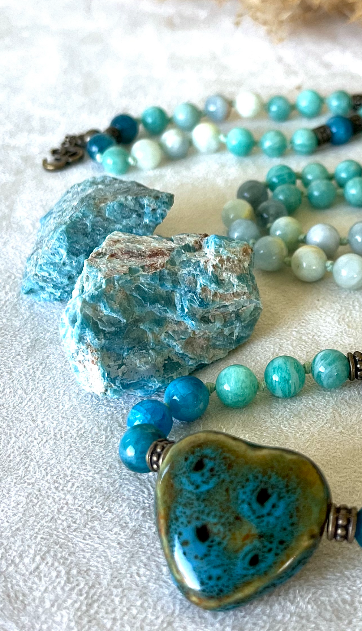 Close-up Apatite mala, Amazonite mala, Aquamarine mala, Throat chakra mala, Handmade mala, Meditation beads, Yoga jewelry, Spiritual necklace, Blue green mala, Communication mala, Healing stones, Mindfulness beads, Custom mala