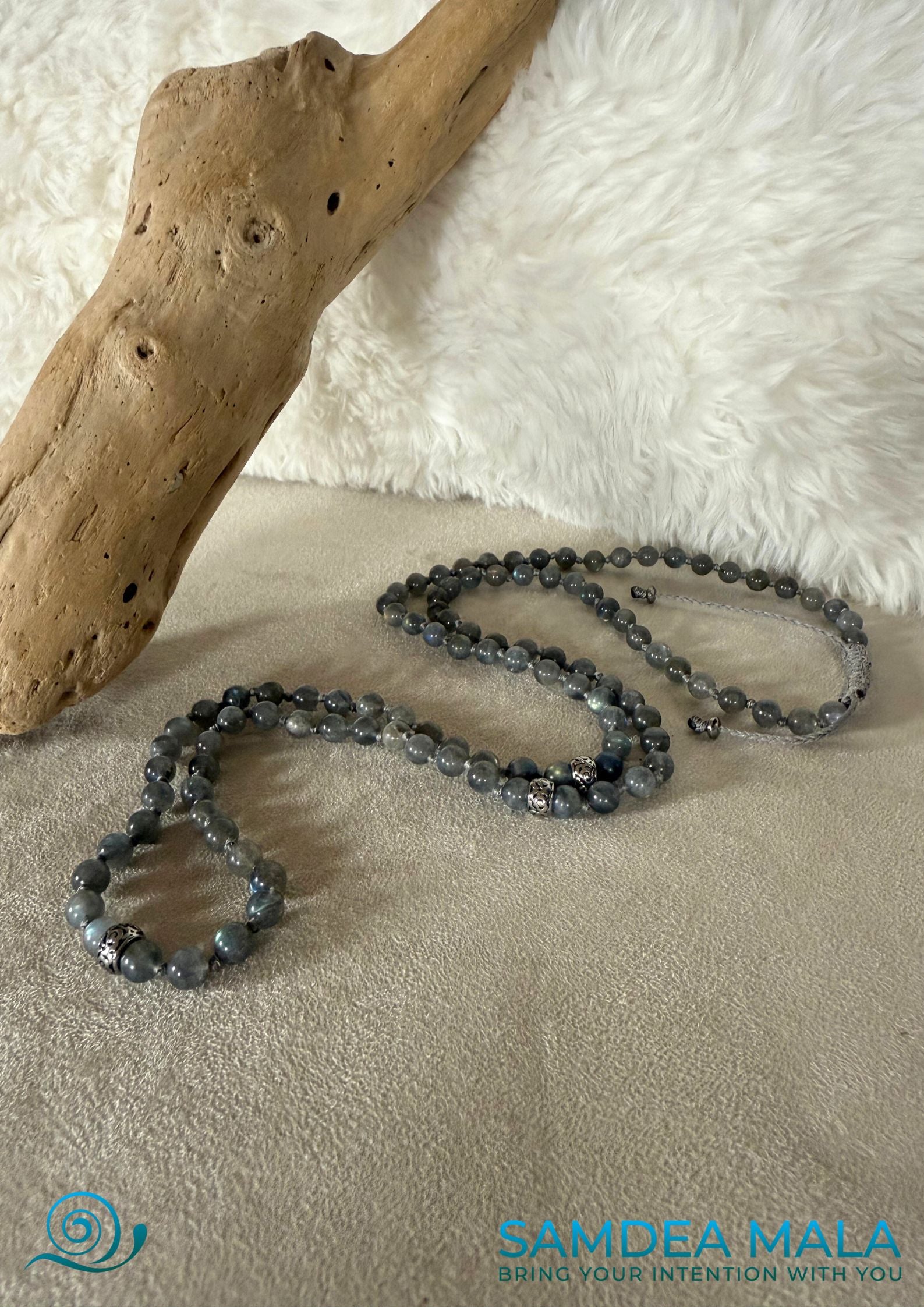 Full view of Mala bracelet in Labradorite with natural gemstones – multiple round bracelet mala.