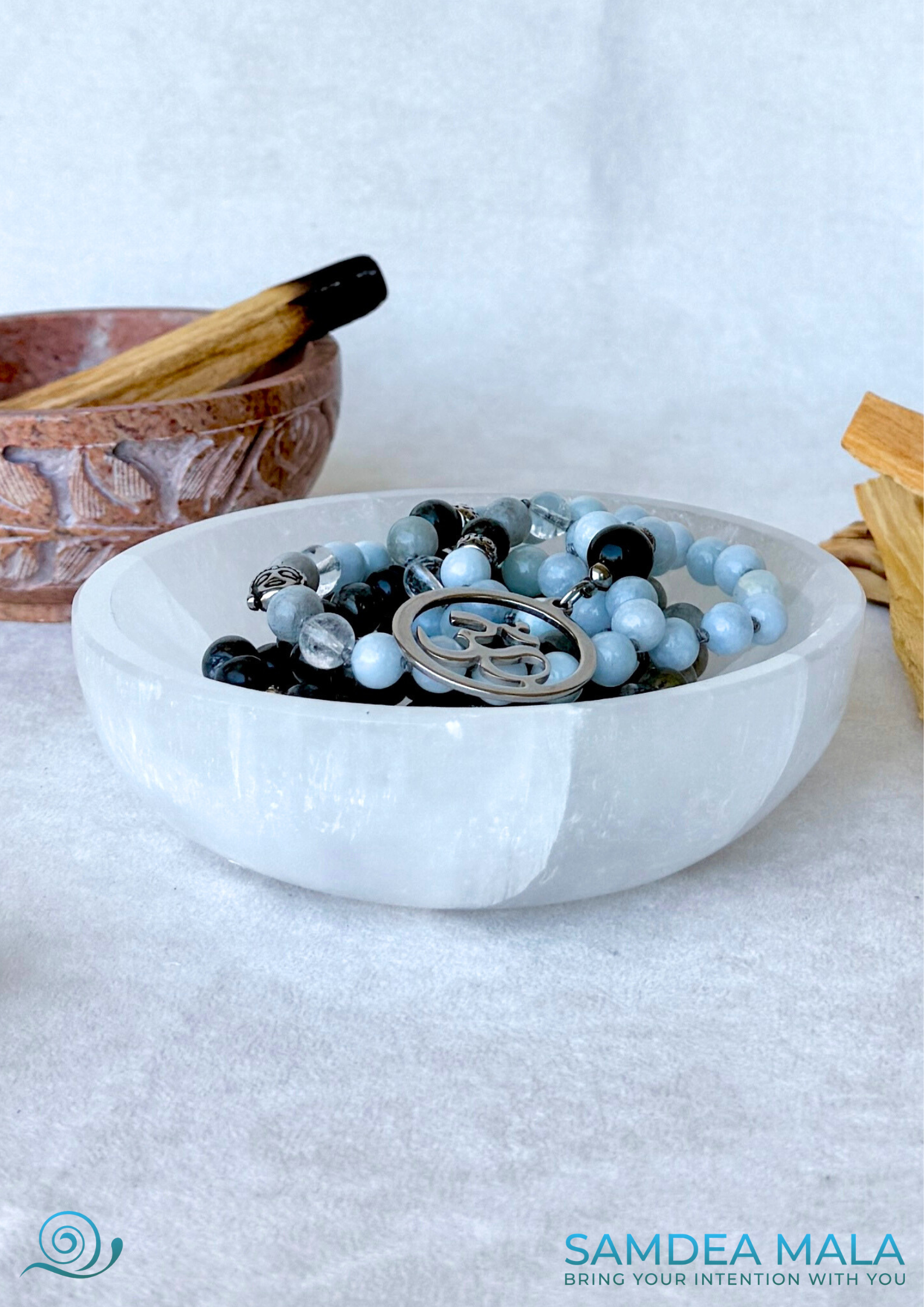 Mala for Creativity and Vision on a selenite bowl – Aquamarine and Labradorite | Hand Knotted 108 Beads for Meditation & Inner Transformation - om pendant