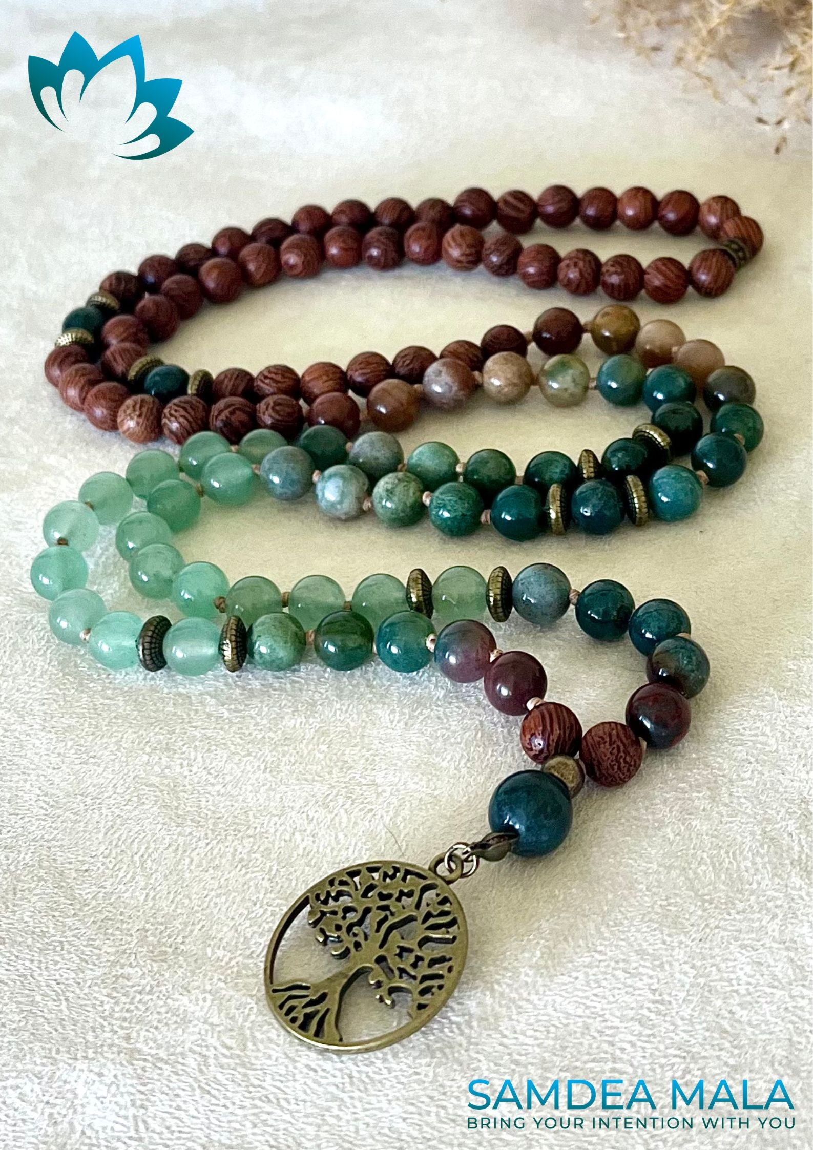 Mala beads for man in dragon wood, Indian Agate and Aventurine - 108 bead mala styled for meditation and grounding - with tree of life pendant