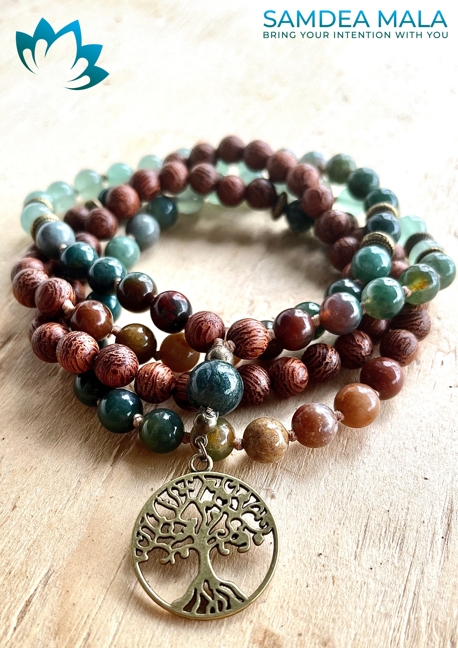 Samdea Mala – spiritual mala in dragon wood, Indian agate, and aventurine Mala in dragon wood, Indian Agate and Aventurine with tree of life pendant